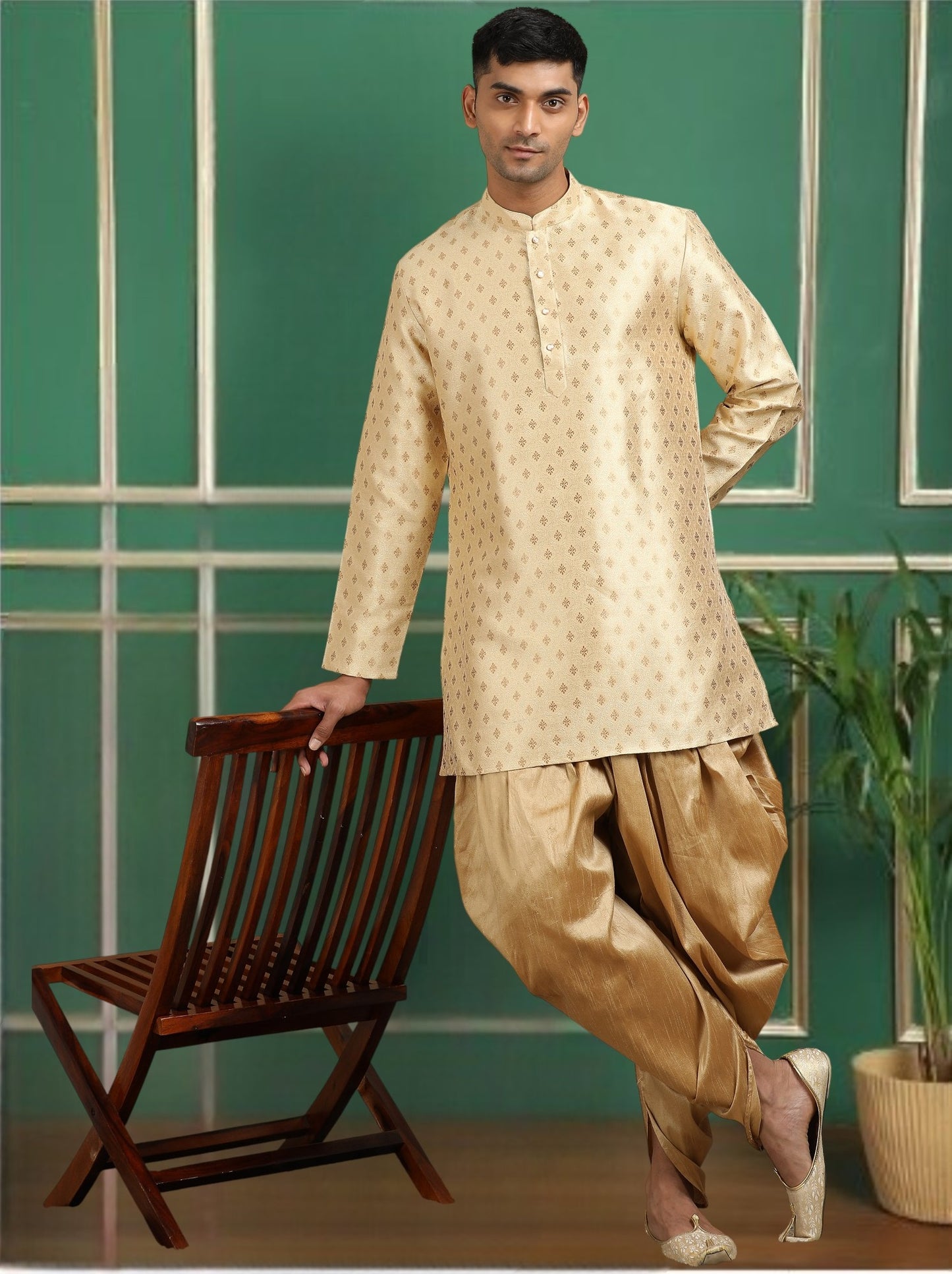 Tattva Beige Toned Jacquard Short Kurta