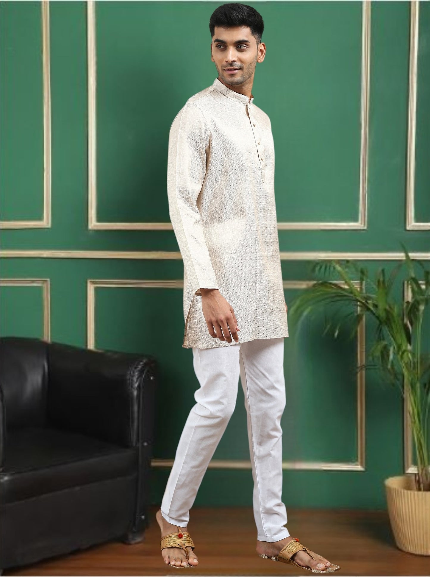 Tattva Cream Toned brocade Polyster Short Kurta