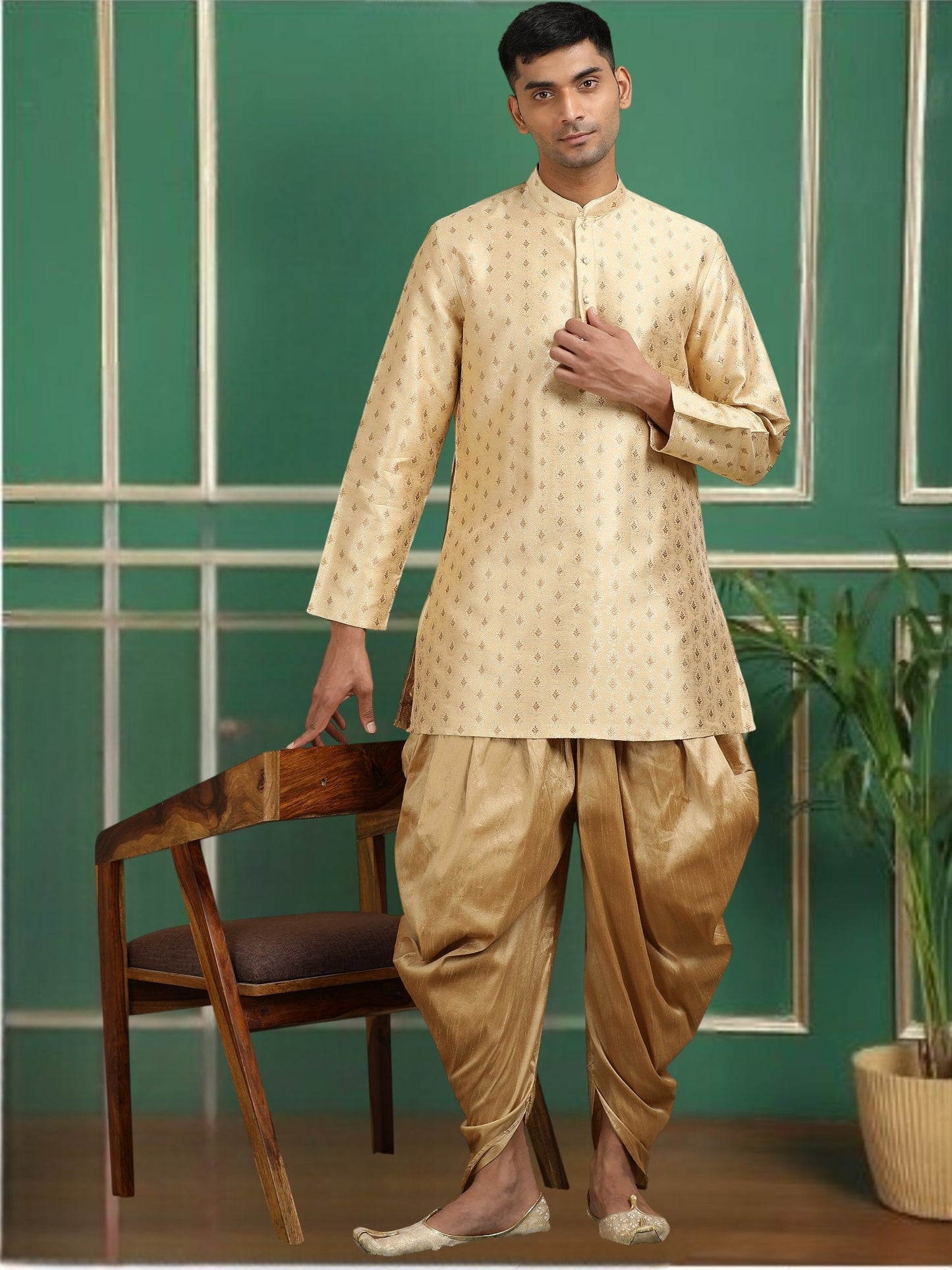Tattva Beige Toned Jacquard Short Kurta