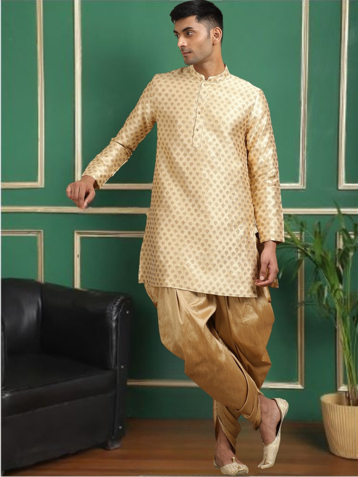 Tattva Beige Toned Jacquard Short Kurta