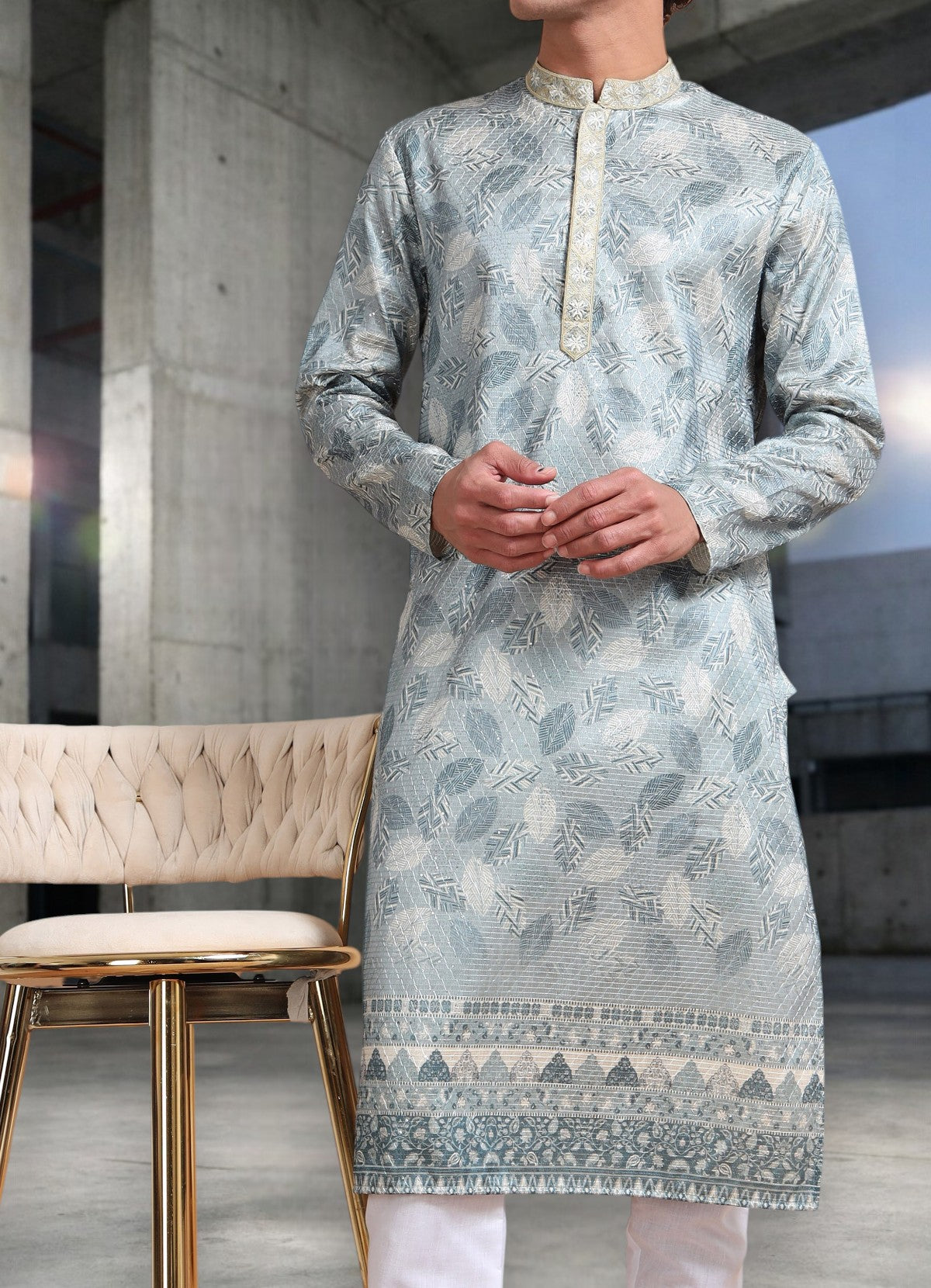 Tattva Woven Diamond Motif Grey Festive Kurta Set