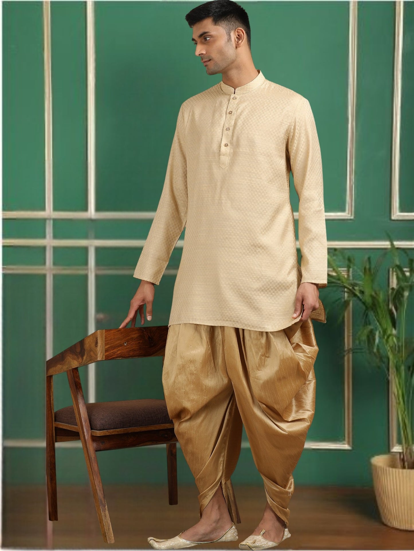 Tattva Beige Toned Jacquard Short Kurta
