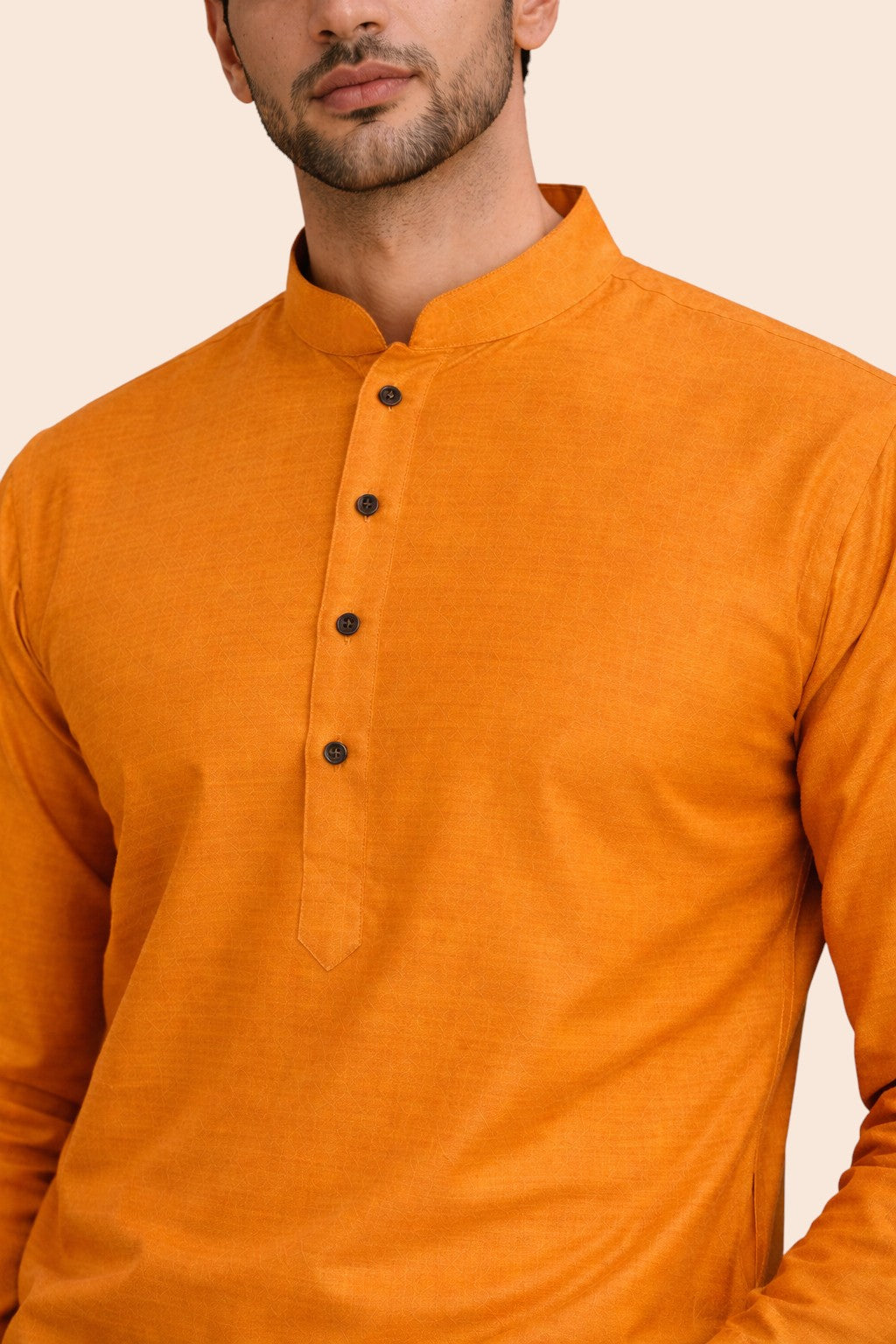 Tattva Men Saffron-Toned Applique Mandarin Collar Kurta