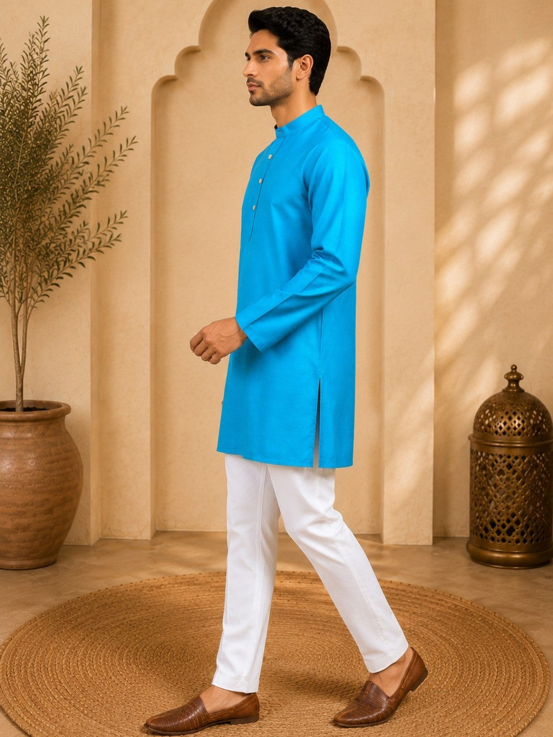 Tattva Men Solid Pure Cotton Short Kurta with Mandarin Collar
