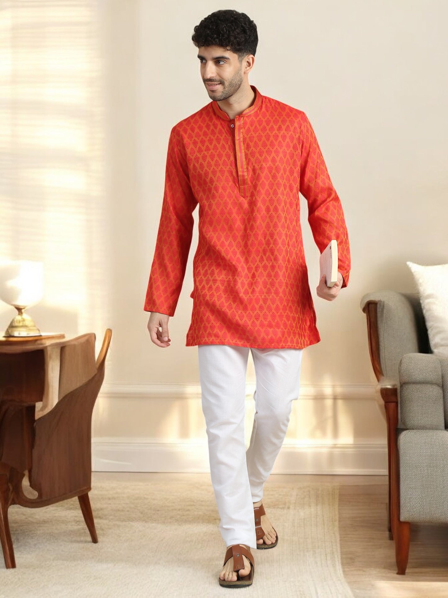 Tattva Men Woven Design Cotton Blend Straight Kurta