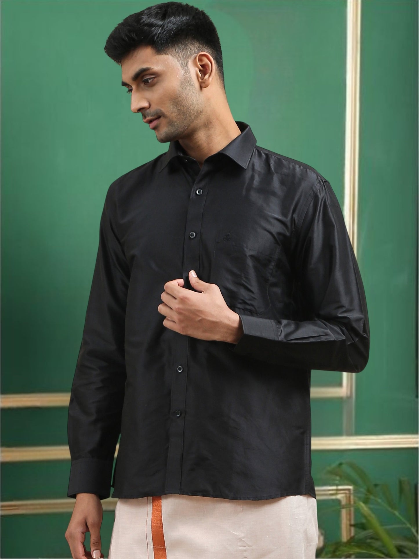 Tattva Men Black Toned Pure Silk Shirt