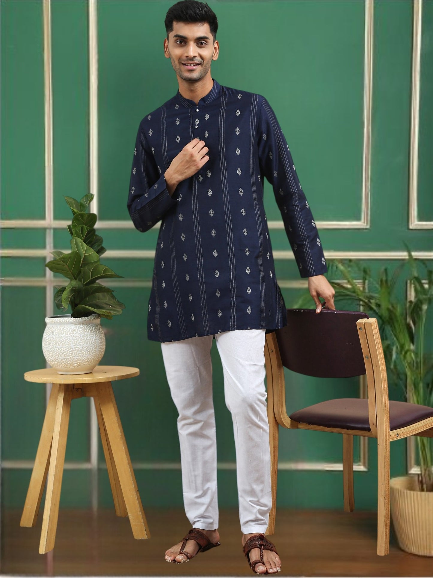 Tattva Navy Blue Toned Woven Design Cotton Short Kurta