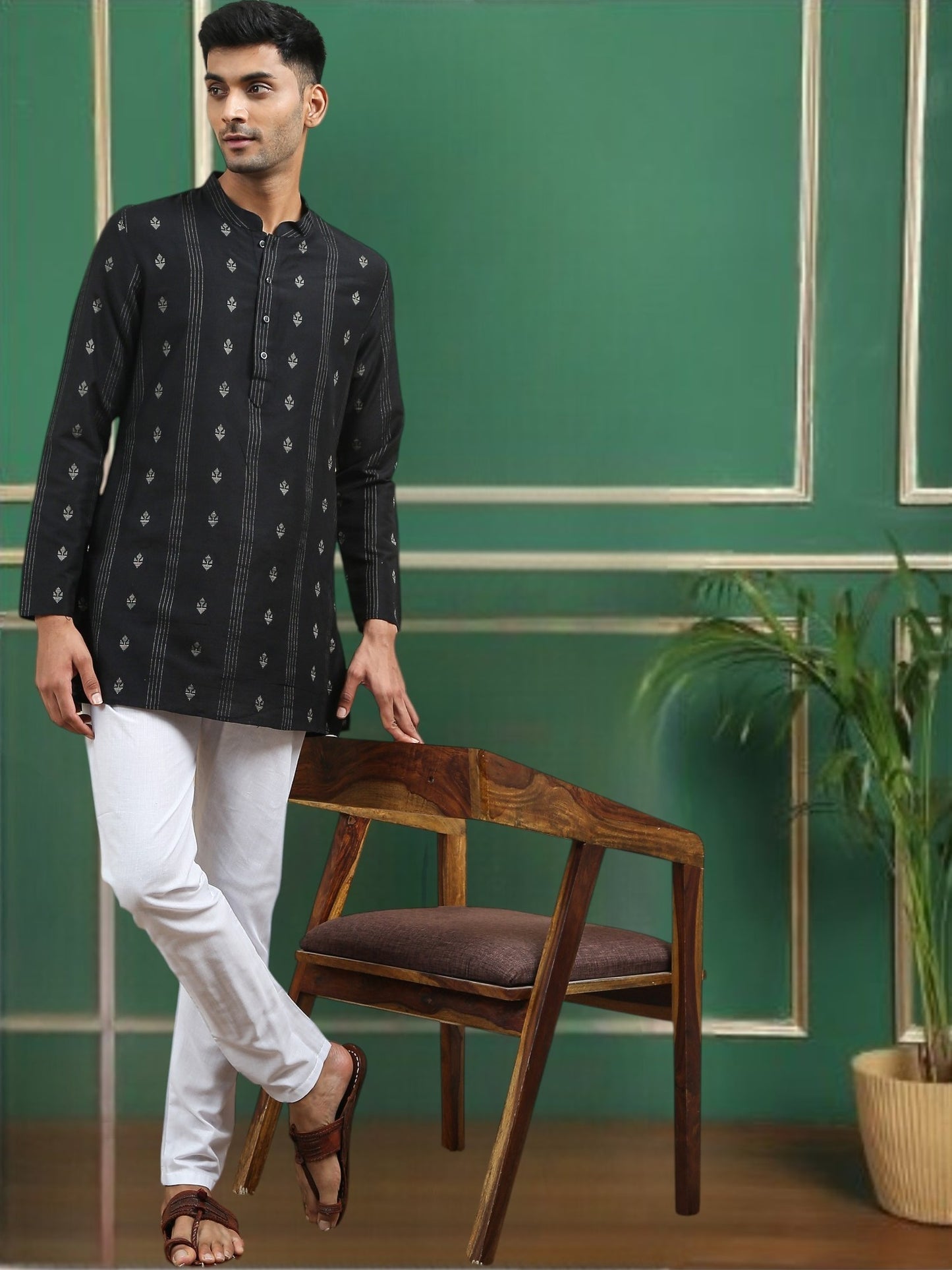 Tattva Black Toned Woven Design Cotton Short Kurta