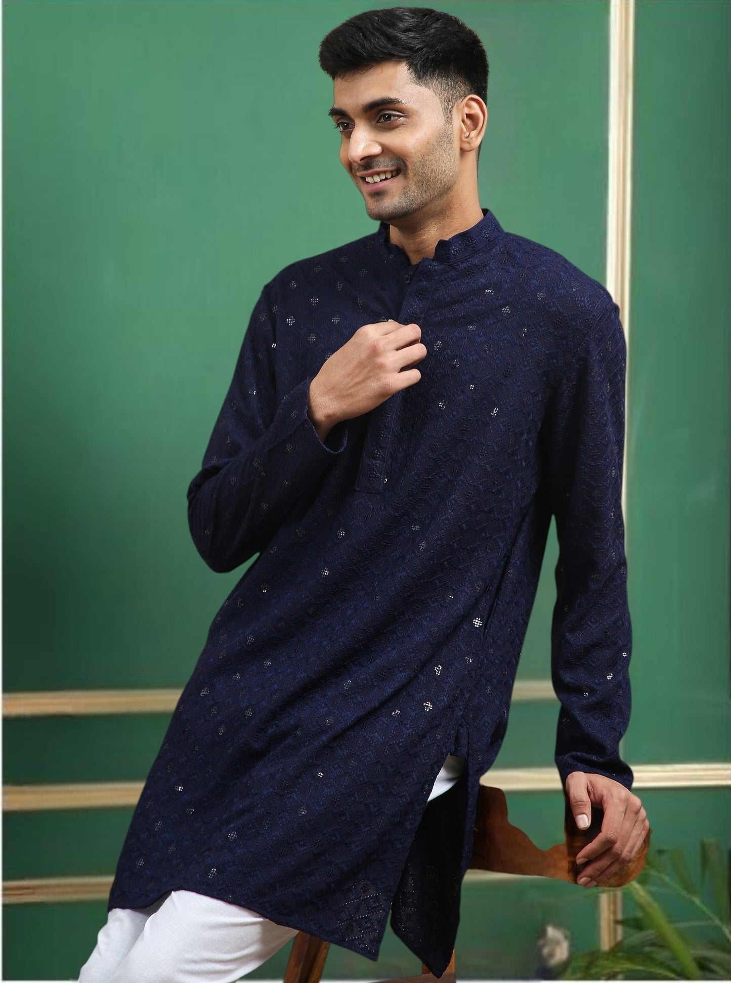 Tattva Navy Blue Toned chikankari Cotton Short Kurta