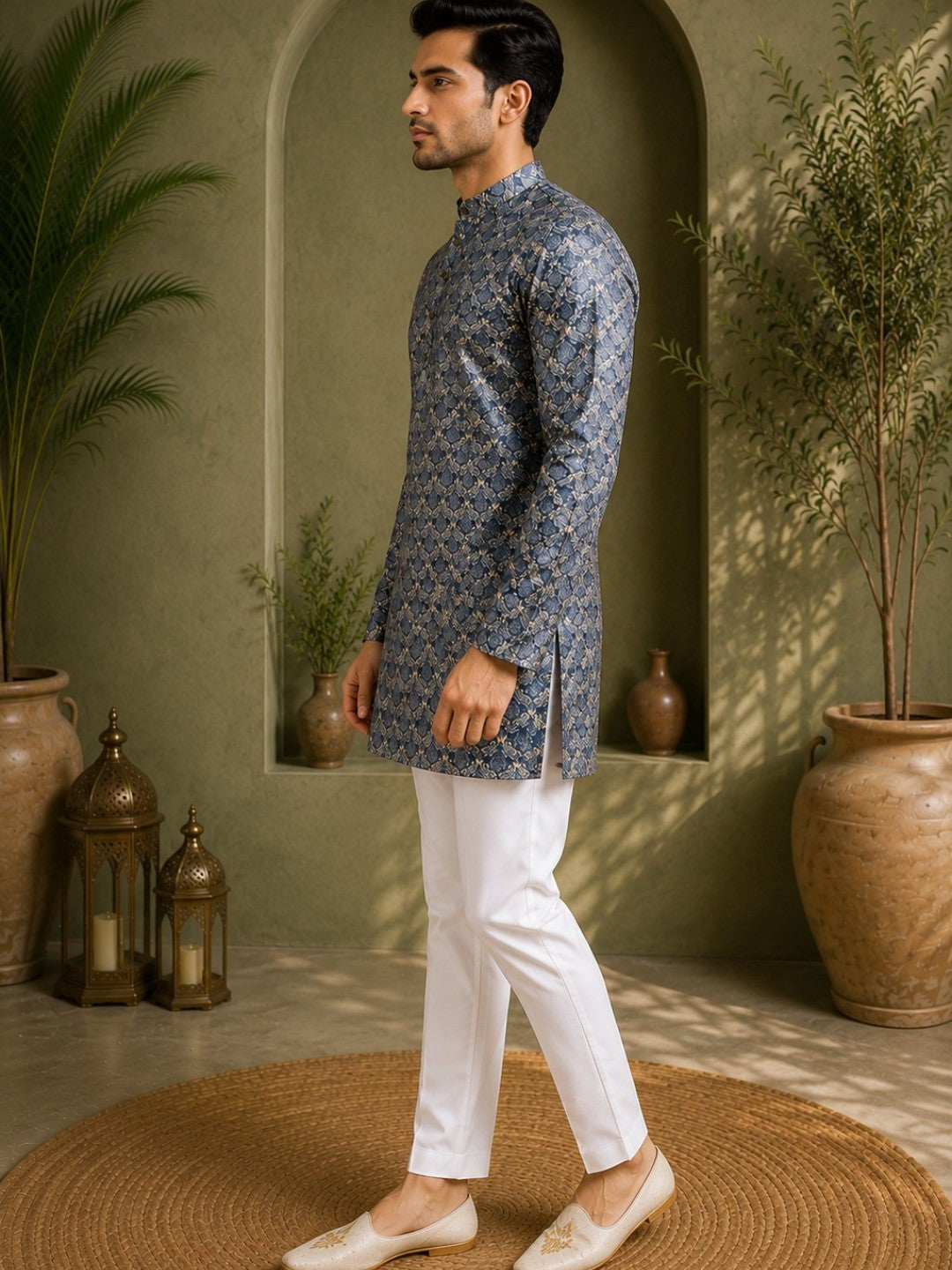 Tattva Men Mandarin Collar Abstract Printed Straight Kurta
