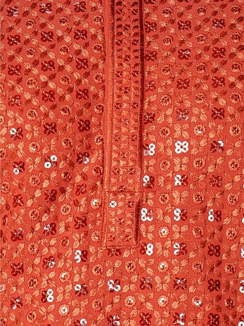 Tattva Candy Red Toned Sequined Thread Work Long Kurta With Pyjama