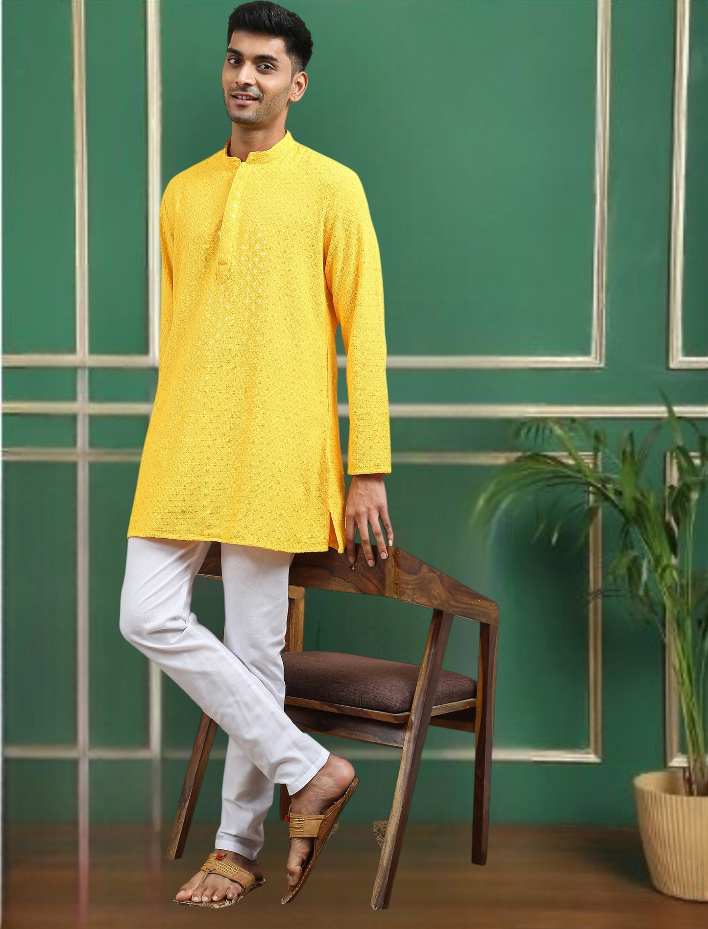 Tattva Yellow Toned chikankari Cotton Short Kurta