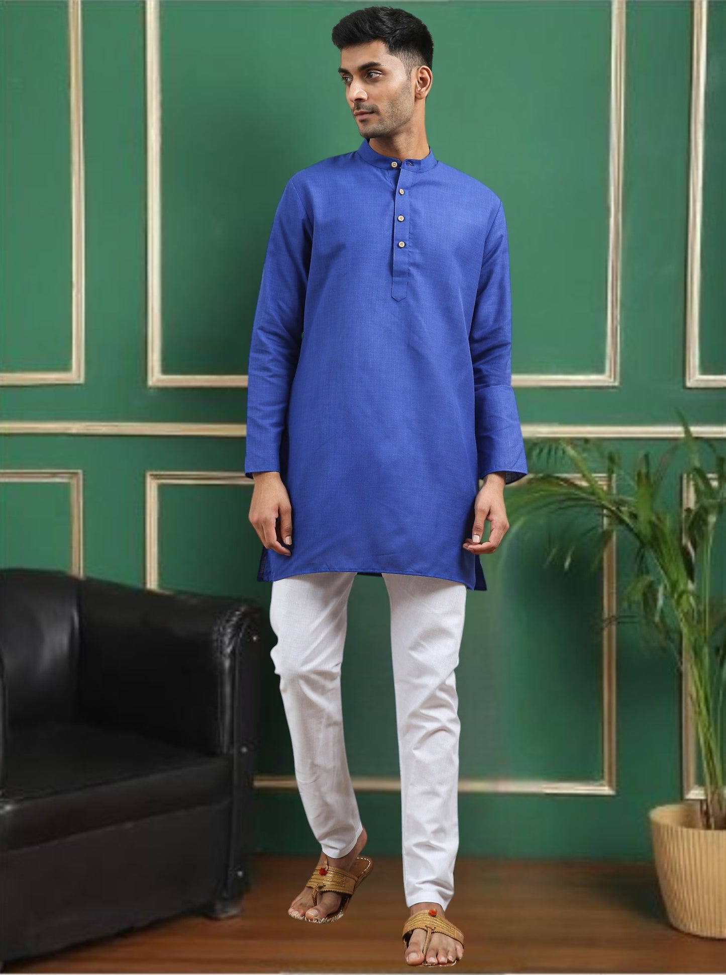Tattva Navy Blue Toned Solid Cotton Short Kurta