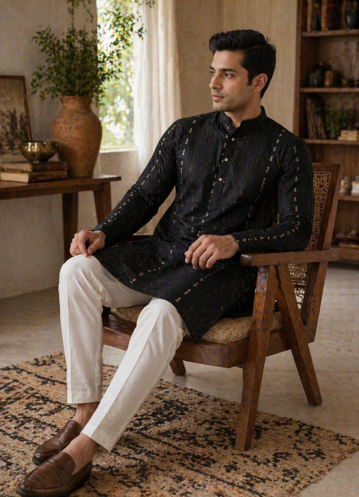 Tattva Men Black Embroidered Cotton Silk Kurta with Pyjamas