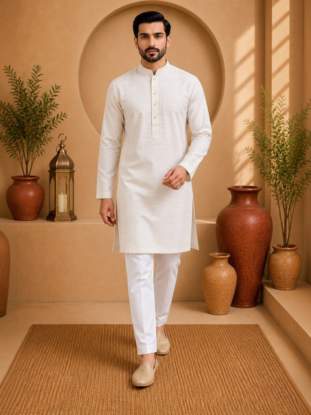 Tattva Men White Colored Embroidered Short Kurta