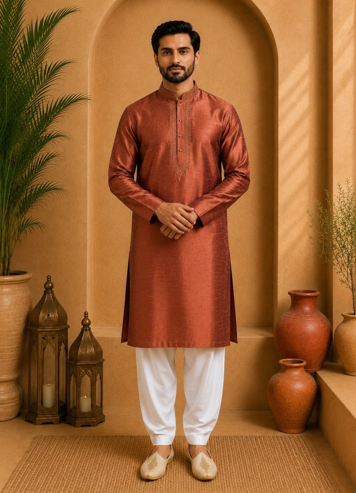 Tattva Men Thread Work Mandarin Collar Silk Straight Kurta