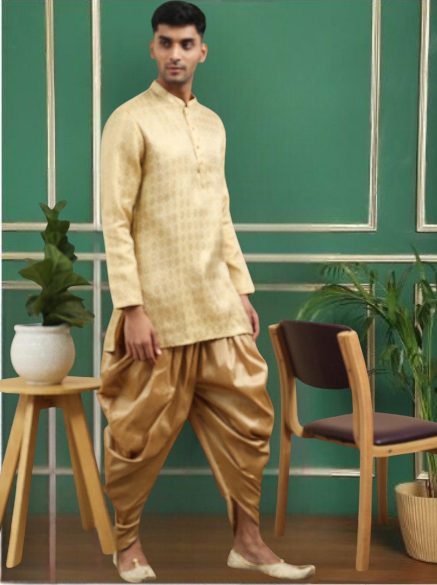 Tattva Beige Toned Woven Design Cotton Short Kurta