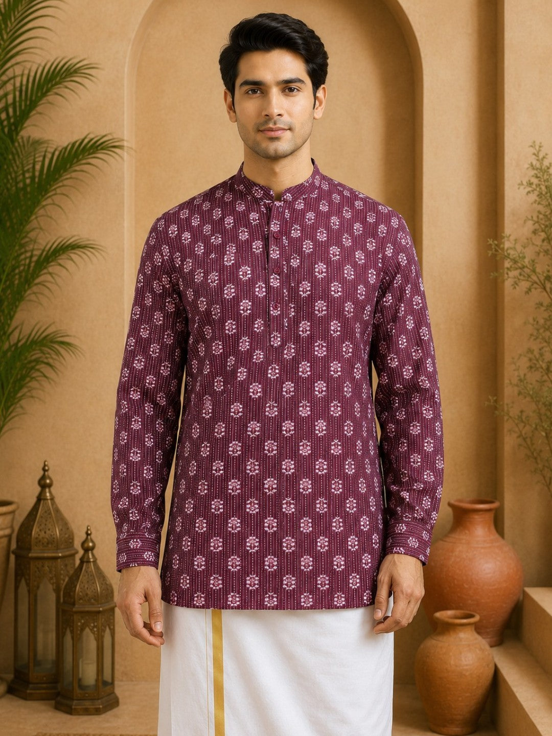 Tattva Men Floral Printed Woven Thread Super Short Kurta
