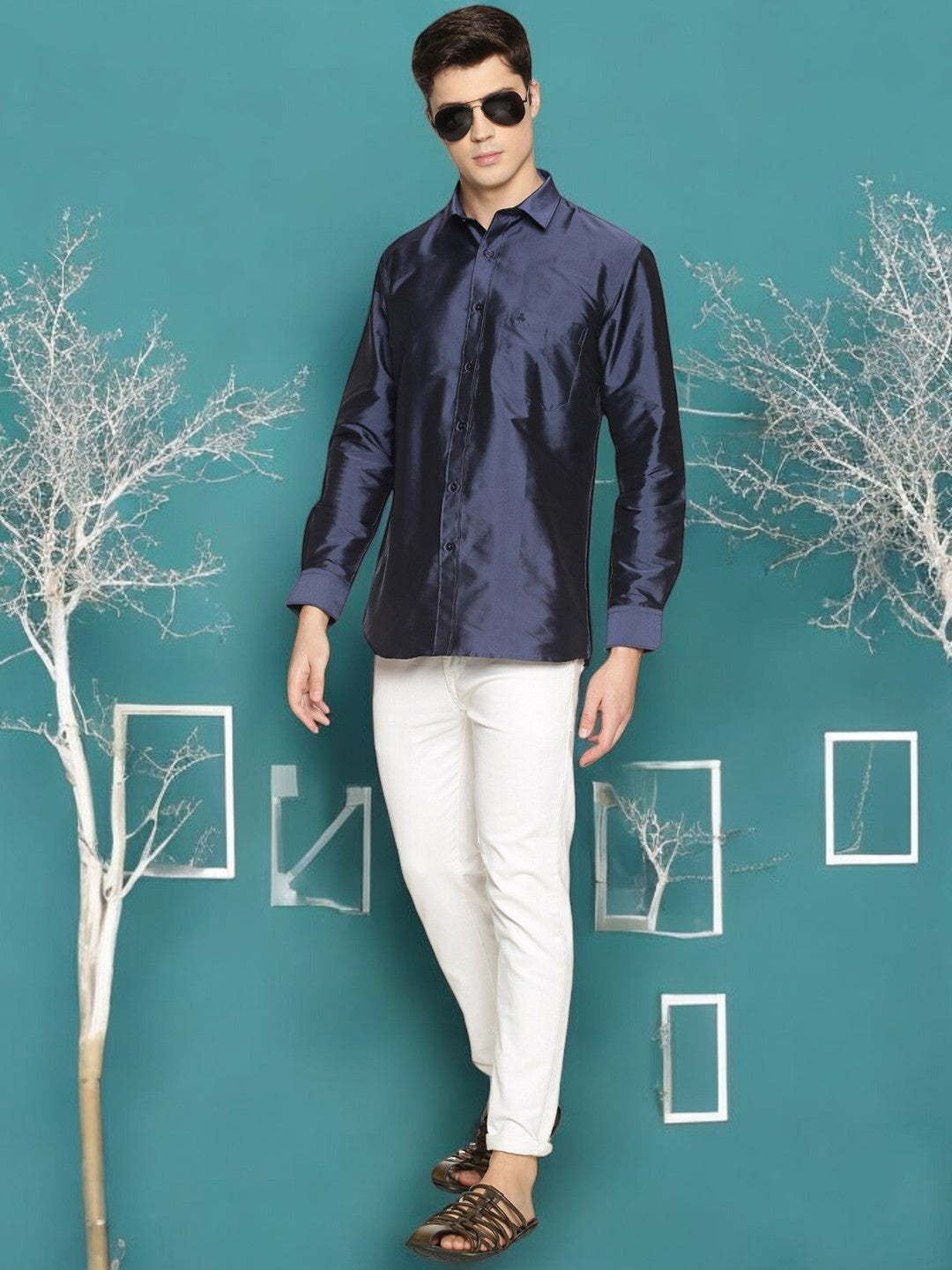 Navy Blue Polyester Slim Fit Party Shirt