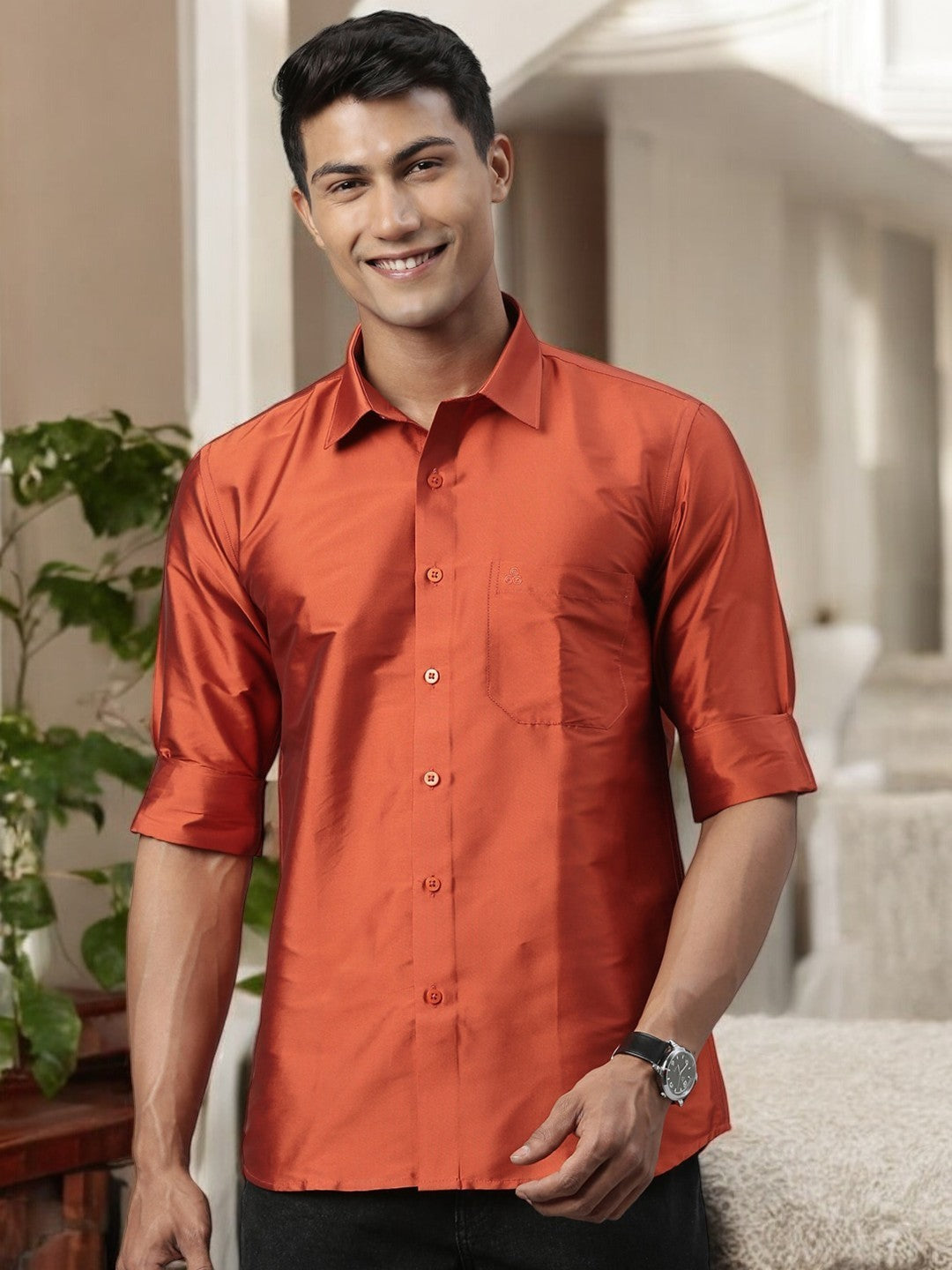 Tattva Rust Solid Slim Party Shirt