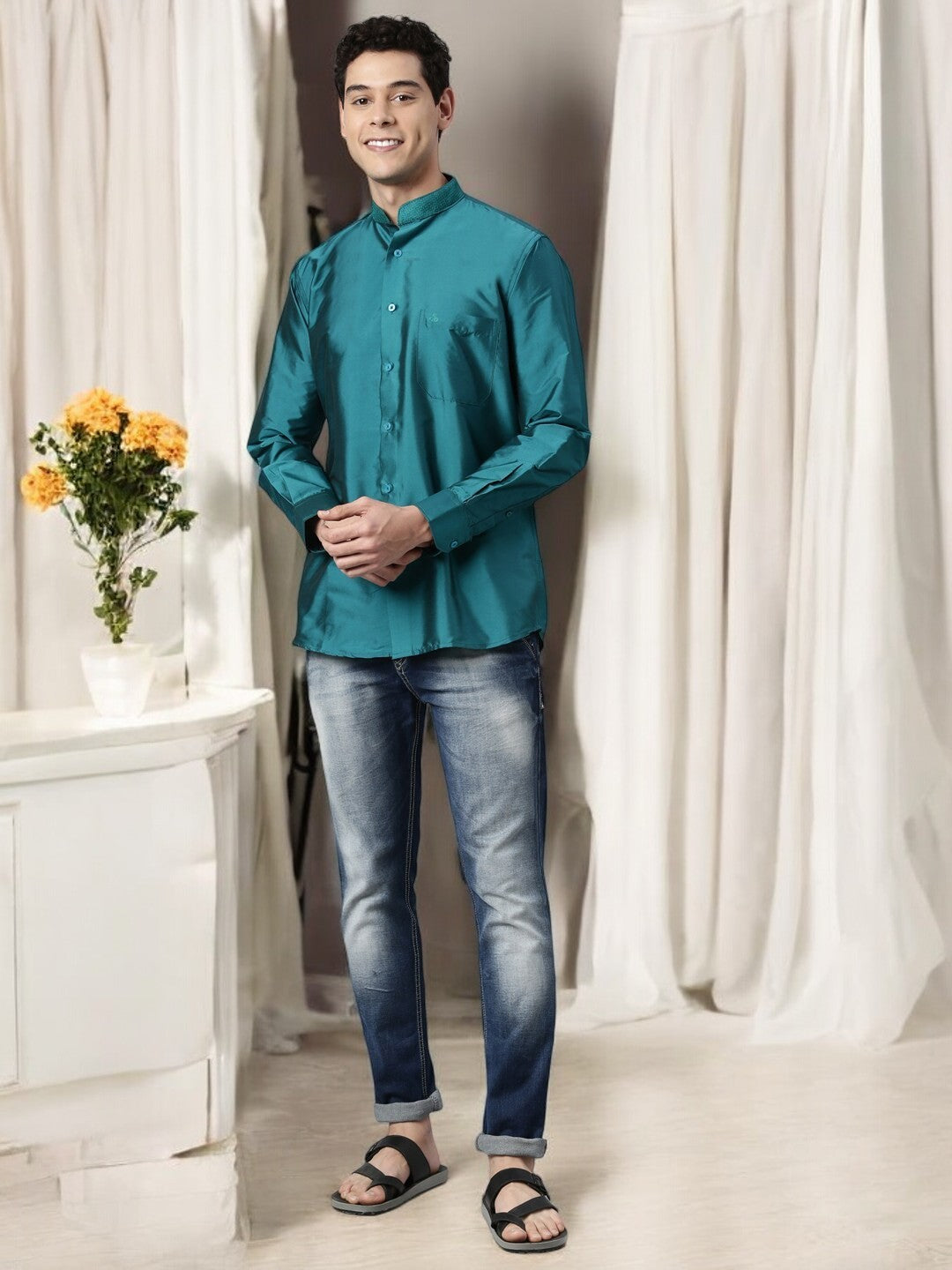 Sea Green Color Art Silk Slim Fit Solid Party Shirt