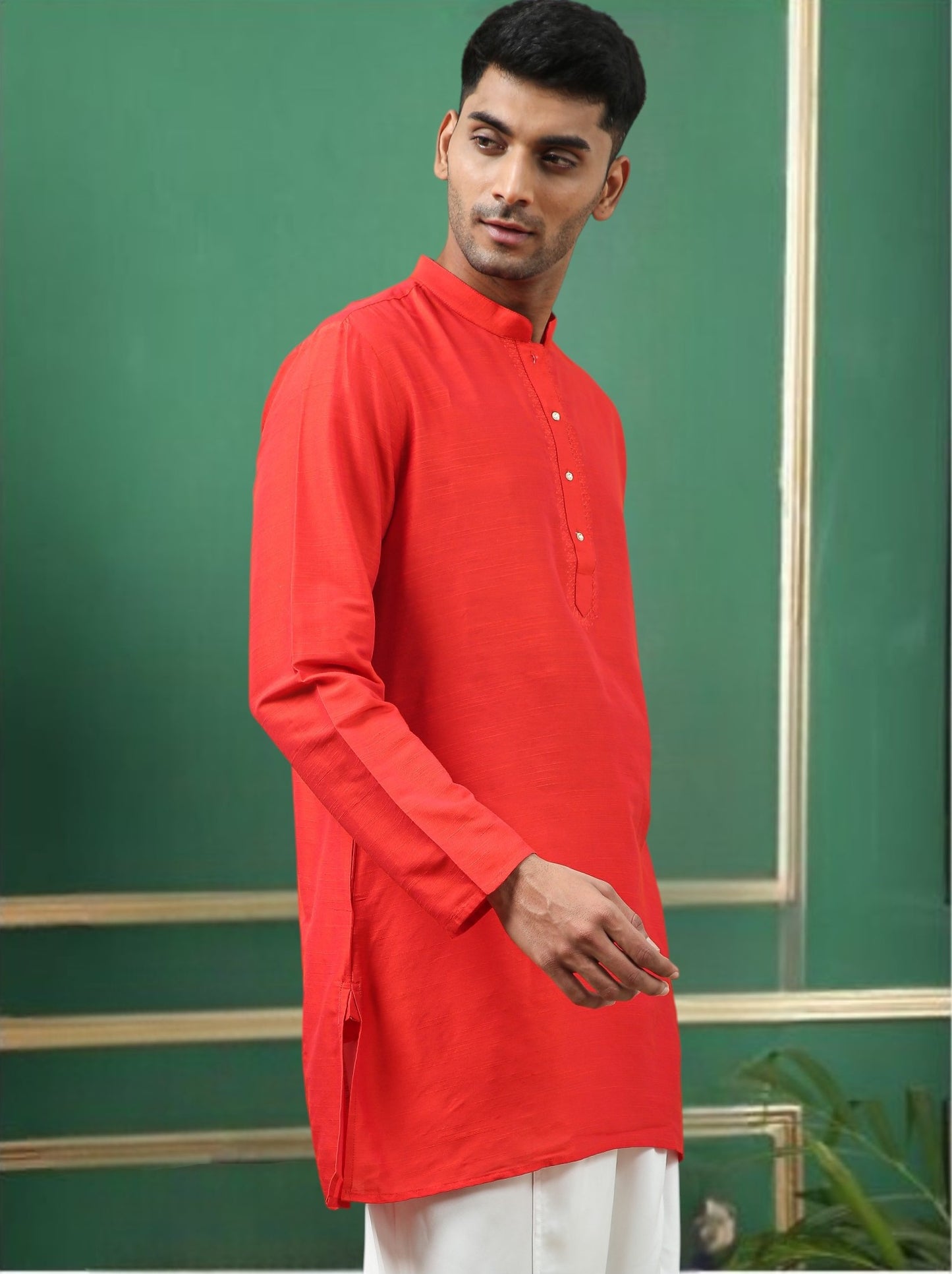 Tattva Red Toned Embroidered Cotton Short Kurta
