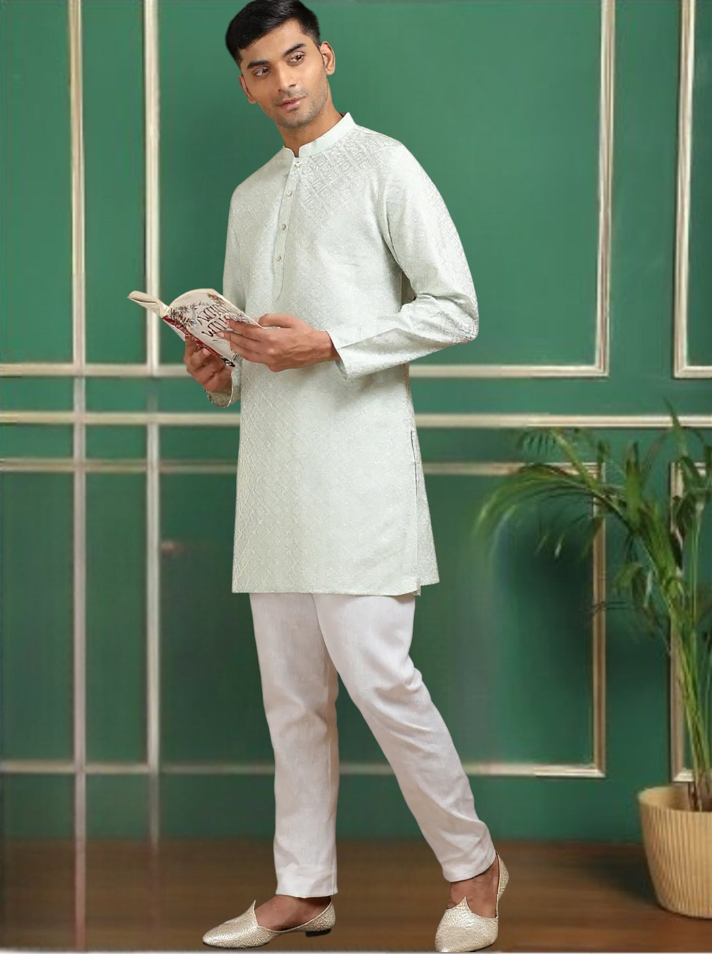 Tattva Silver Toned Jacquard Short Kurta