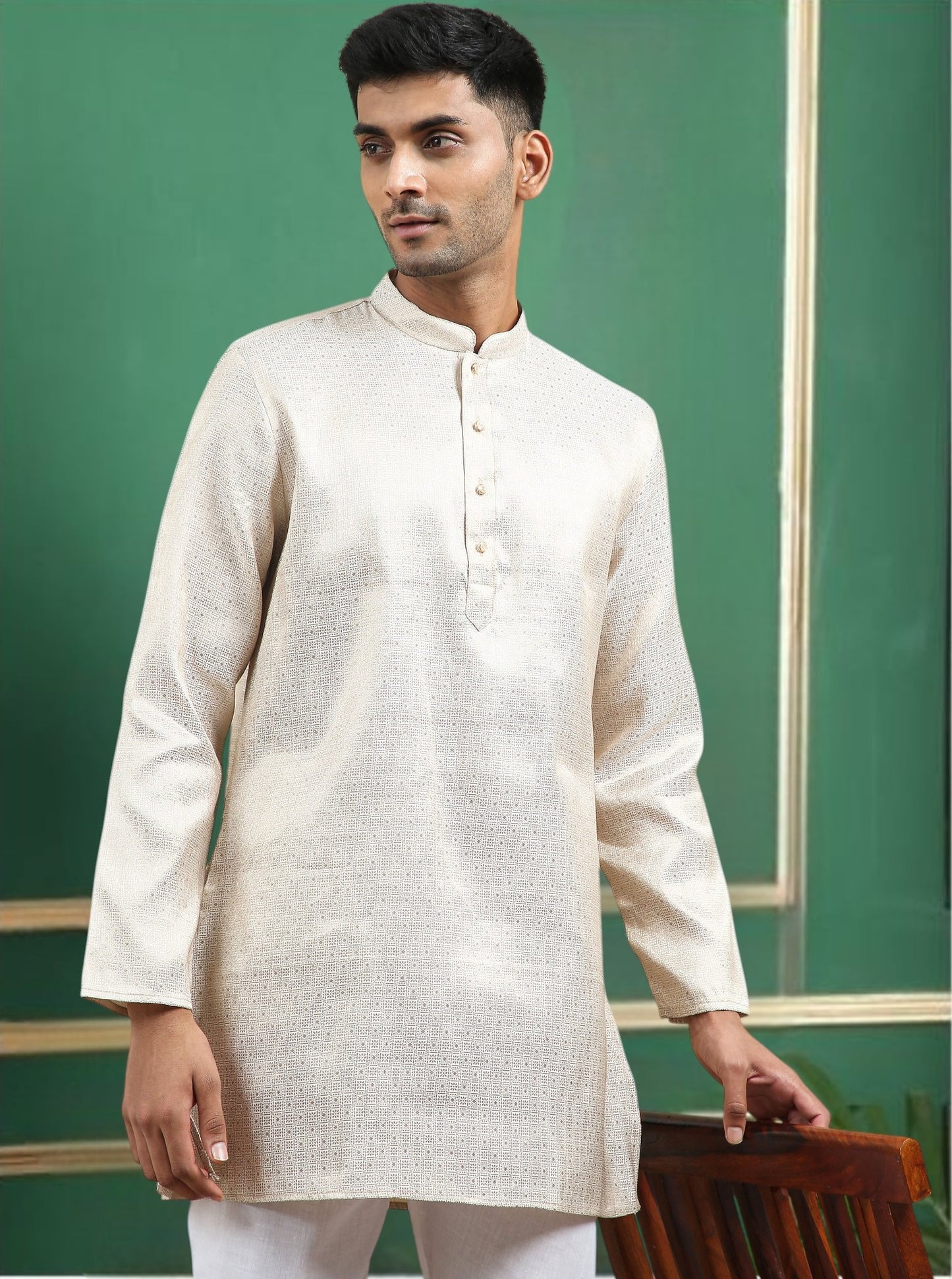 Tattva Cream Toned brocade Polyster Short Kurta