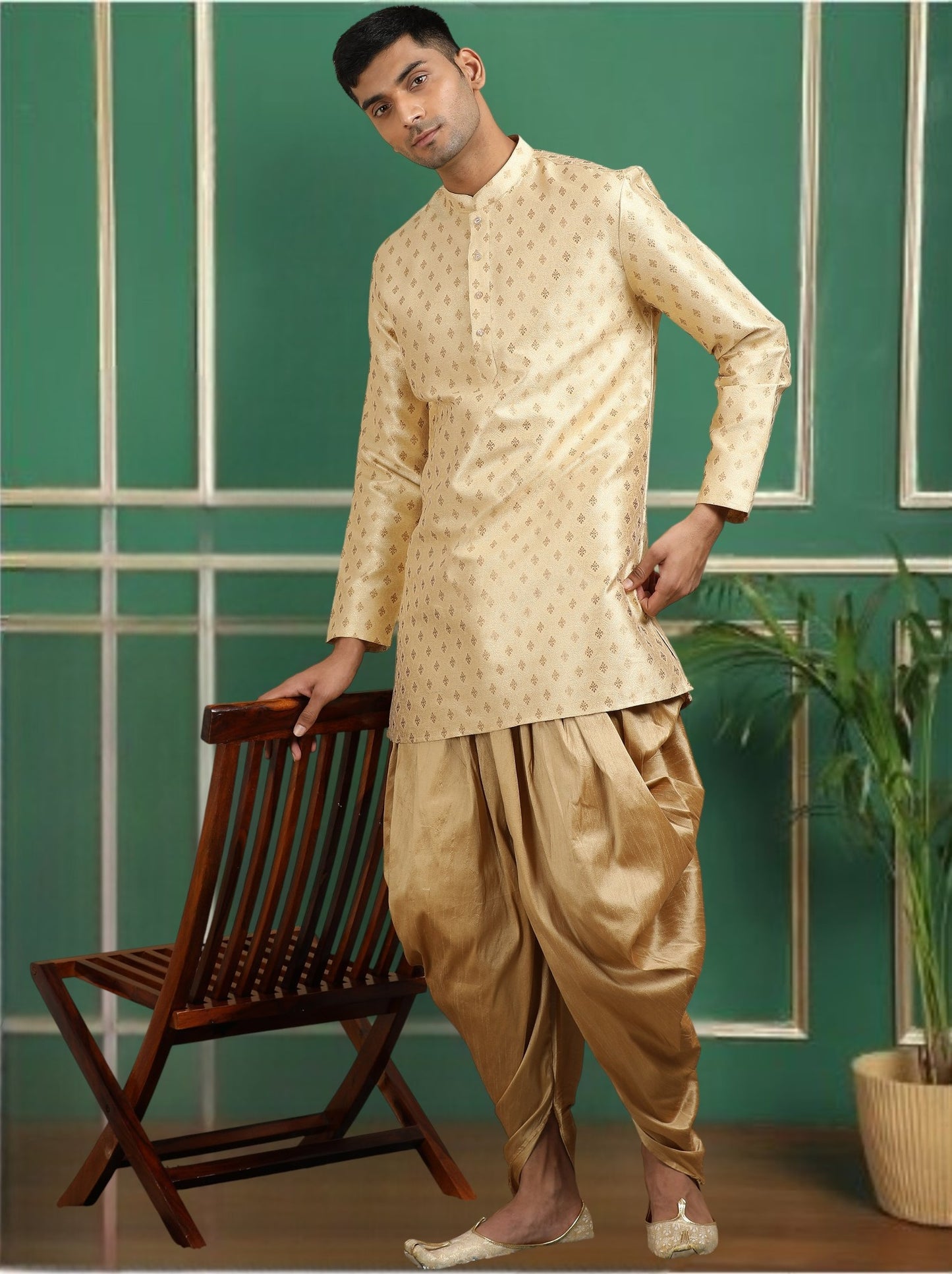 Tattva Beige Toned Jacquard Short Kurta