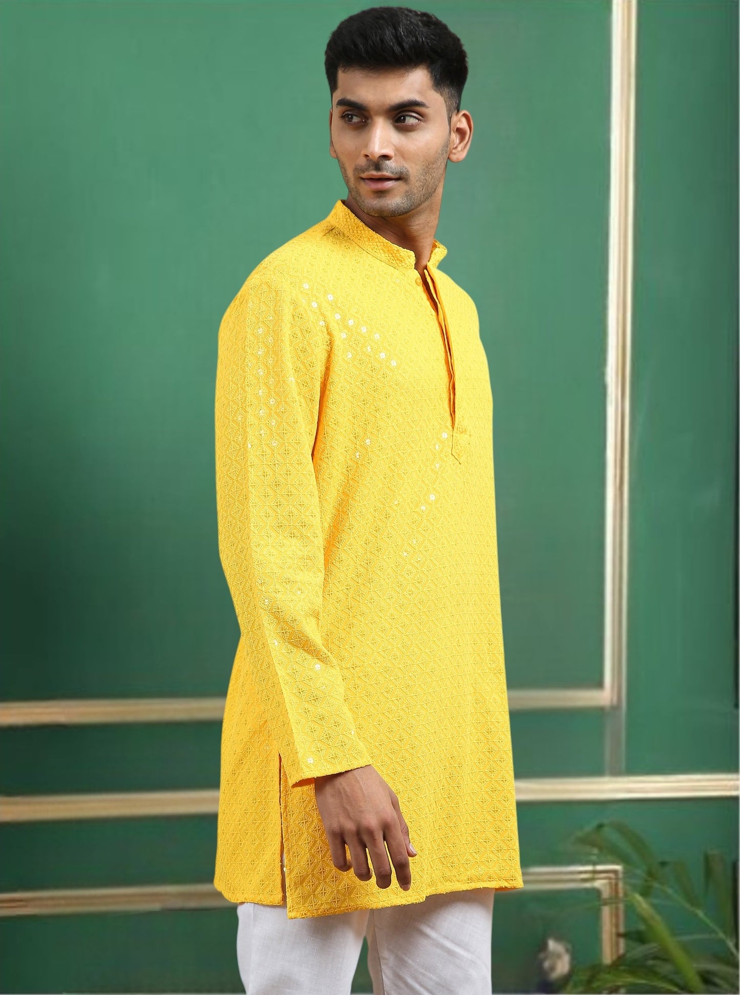 Tattva Yellow Toned chikankari Cotton Short Kurta