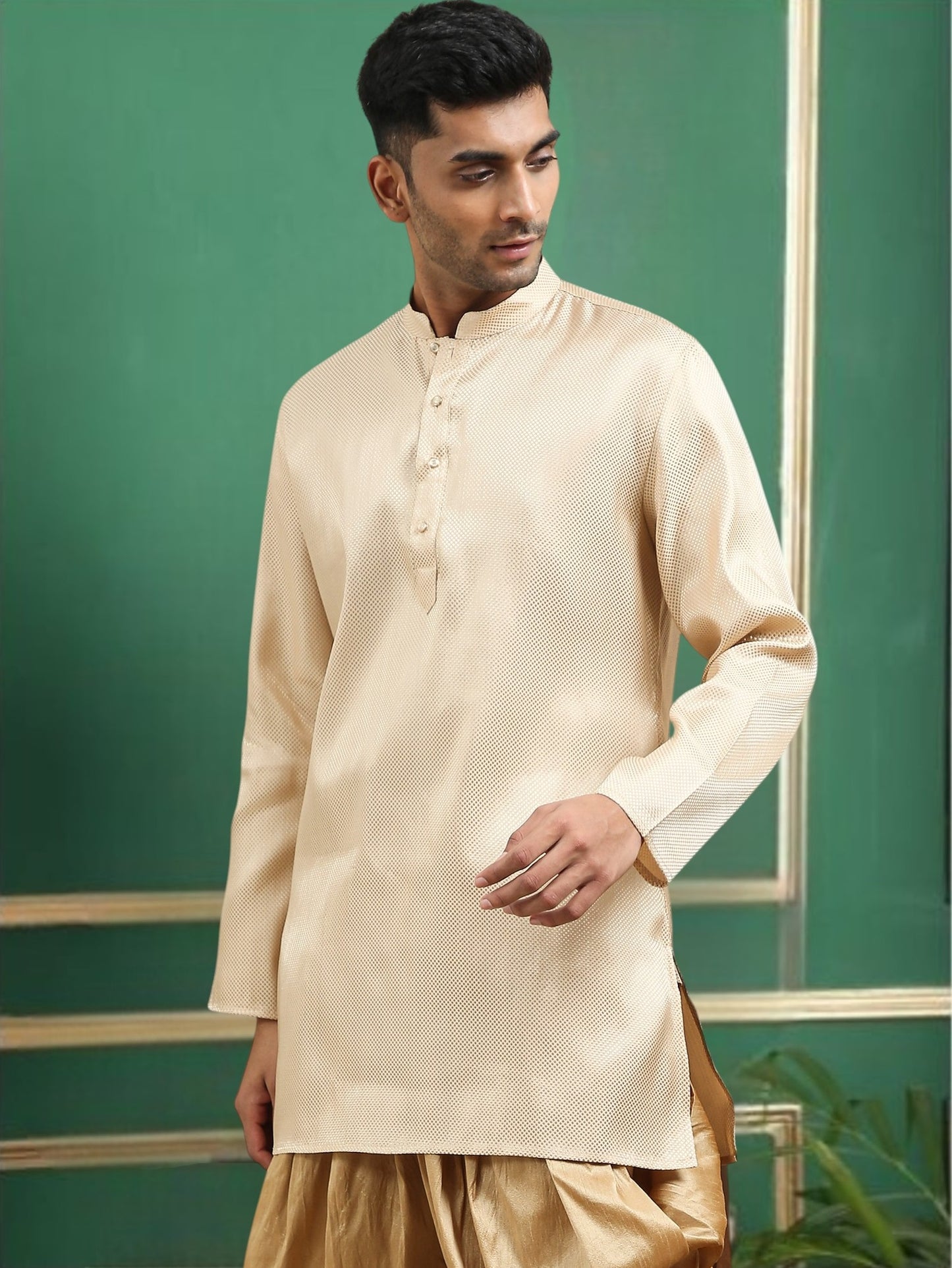 Tattva Beige Toned brocade Polyster Short Kurta