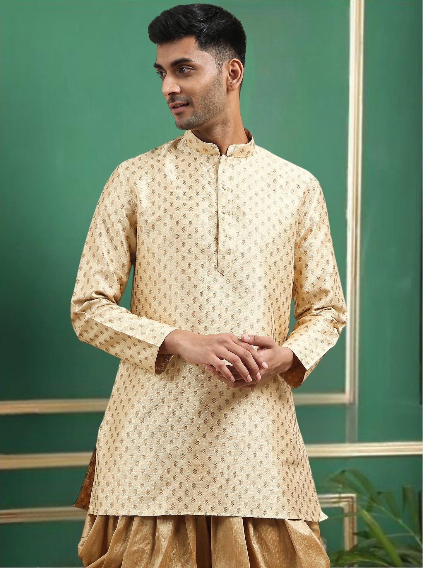 Tattva Gold Toned jaquard Polyster Short Kurta