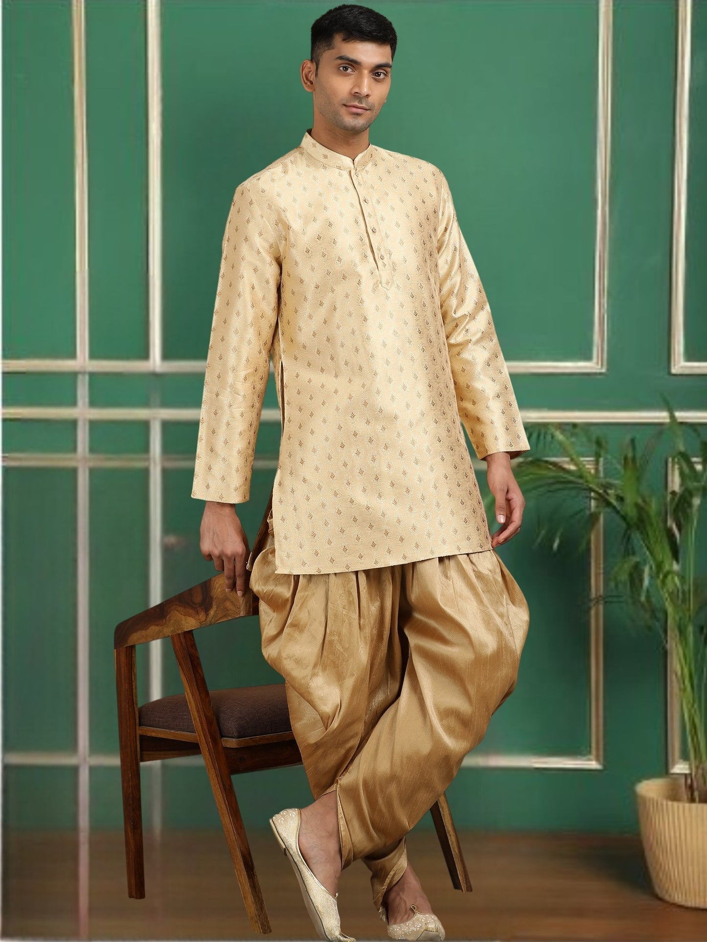 Tattva Beige Toned Jacquard Short Kurta