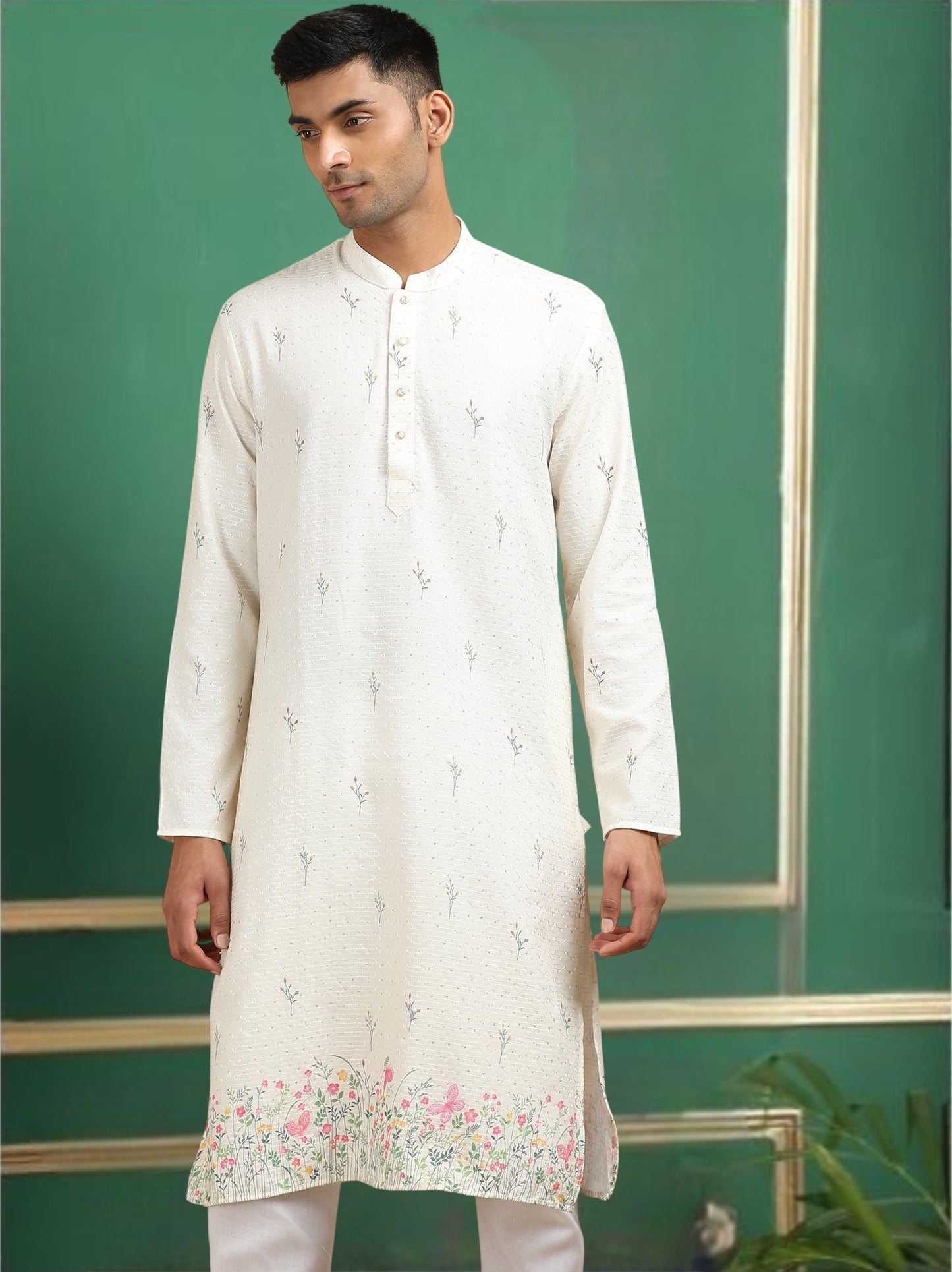 Tattva Men Ethnic Motifs and Daman Printed Sequence Threadwork Kurta Pyjama Set