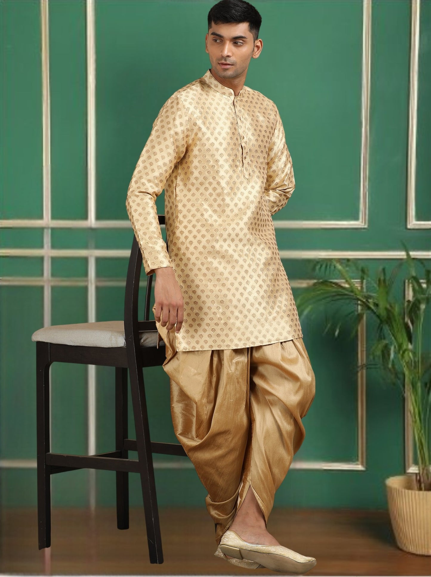 Tattva Beige Toned Jacquard Short Kurta