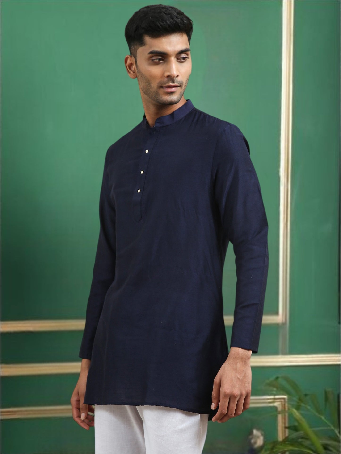 Tattva Navy Blue Toned Embroidered Cotton Short Kurta