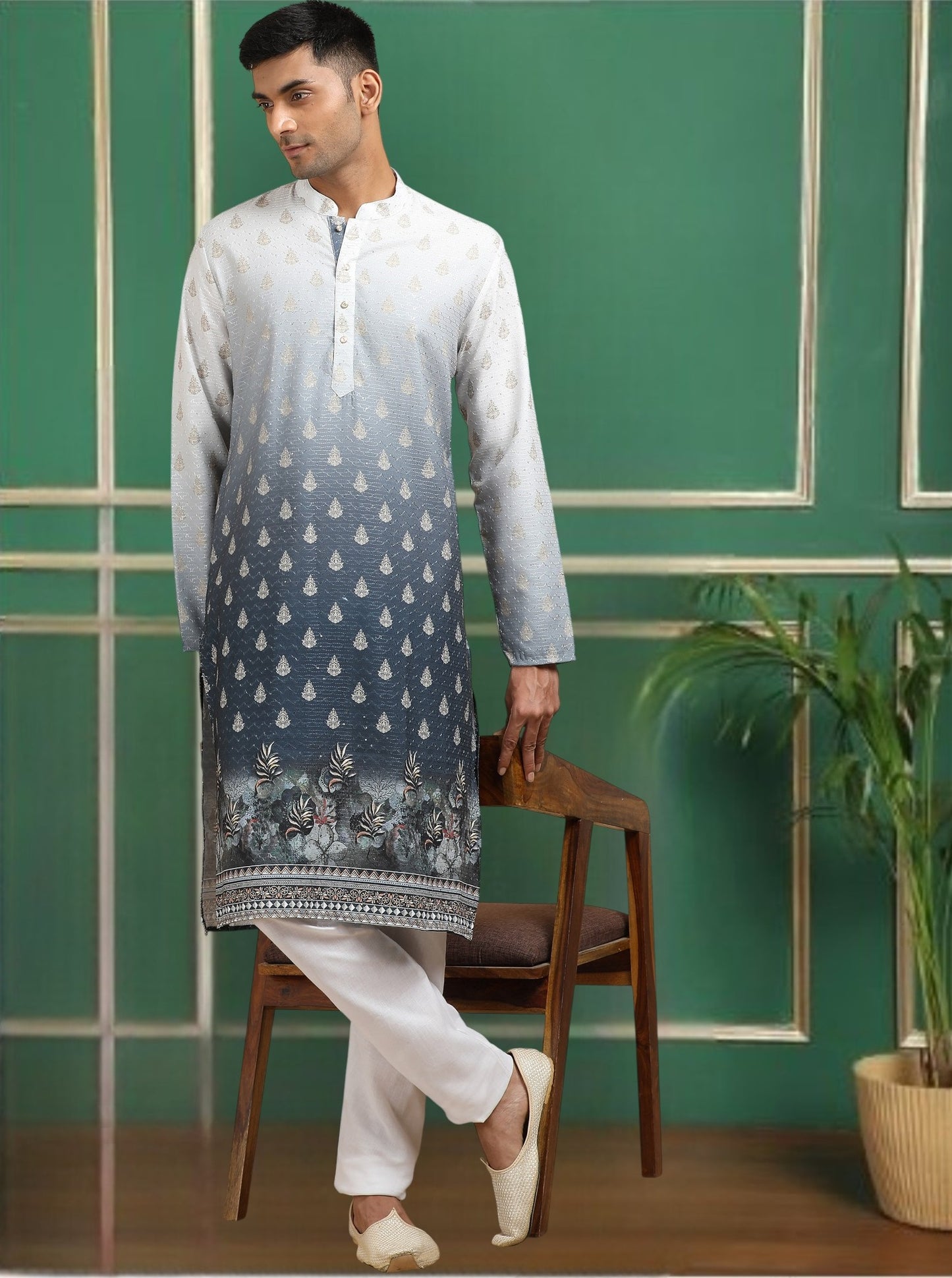 Tattva Men Ethnic Motifs and Daman Printed Sequence Threadwork Kurta Pyjama Set