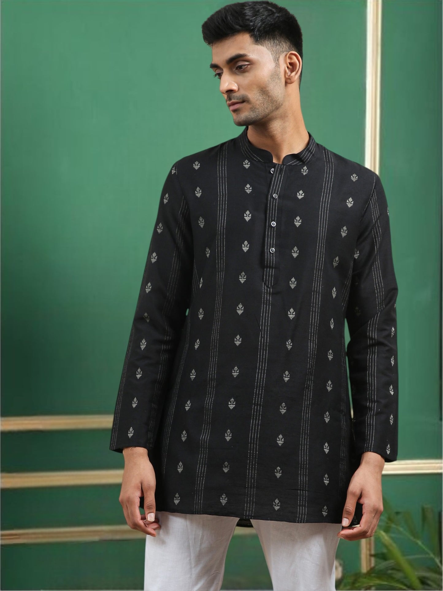 Tattva Black Toned Woven Design Cotton Short Kurta