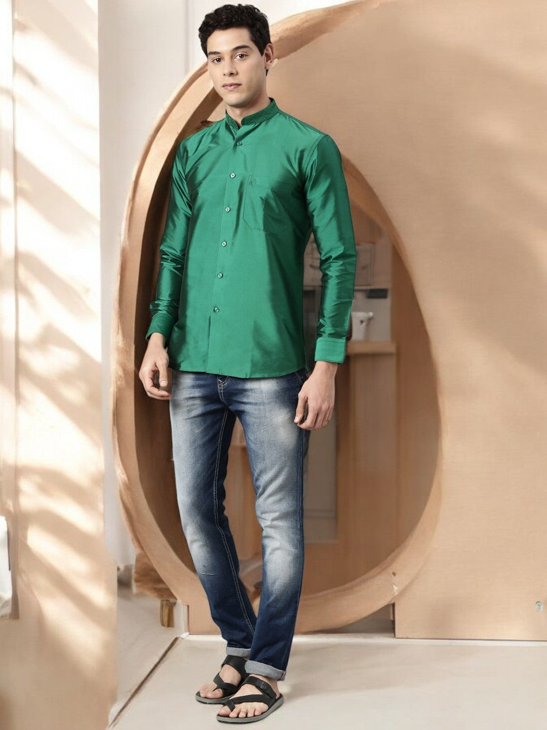 Green Color Art Silk Slim Fit Solid Party Shirt