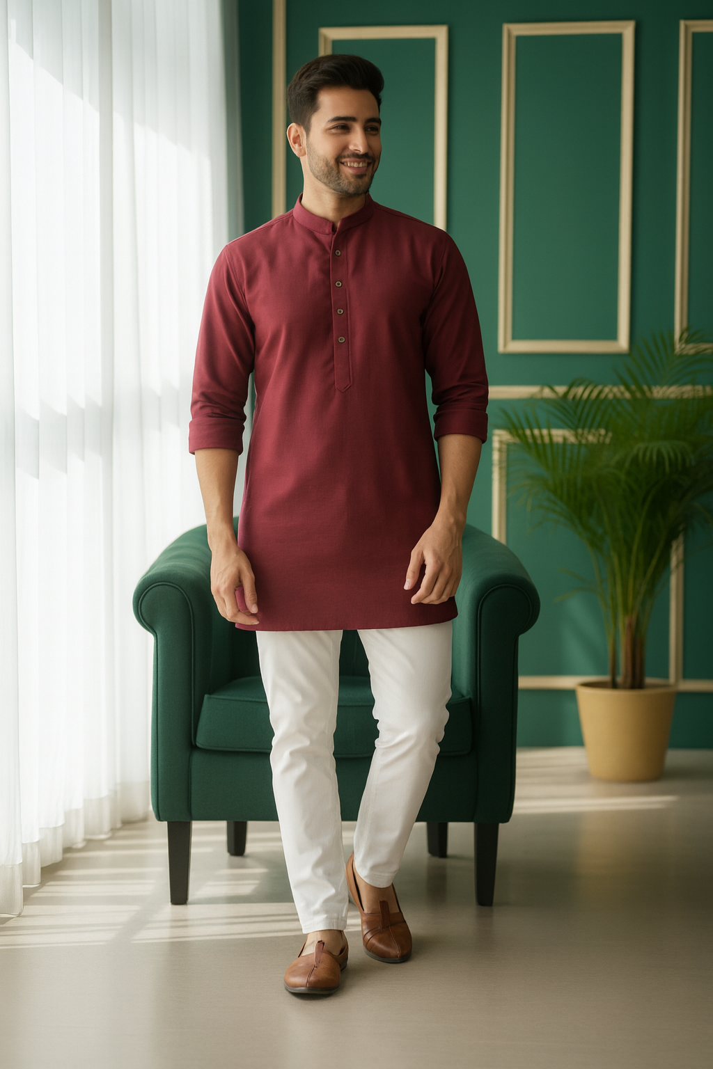 Tattva Men Embroidered Solid Short Kurta