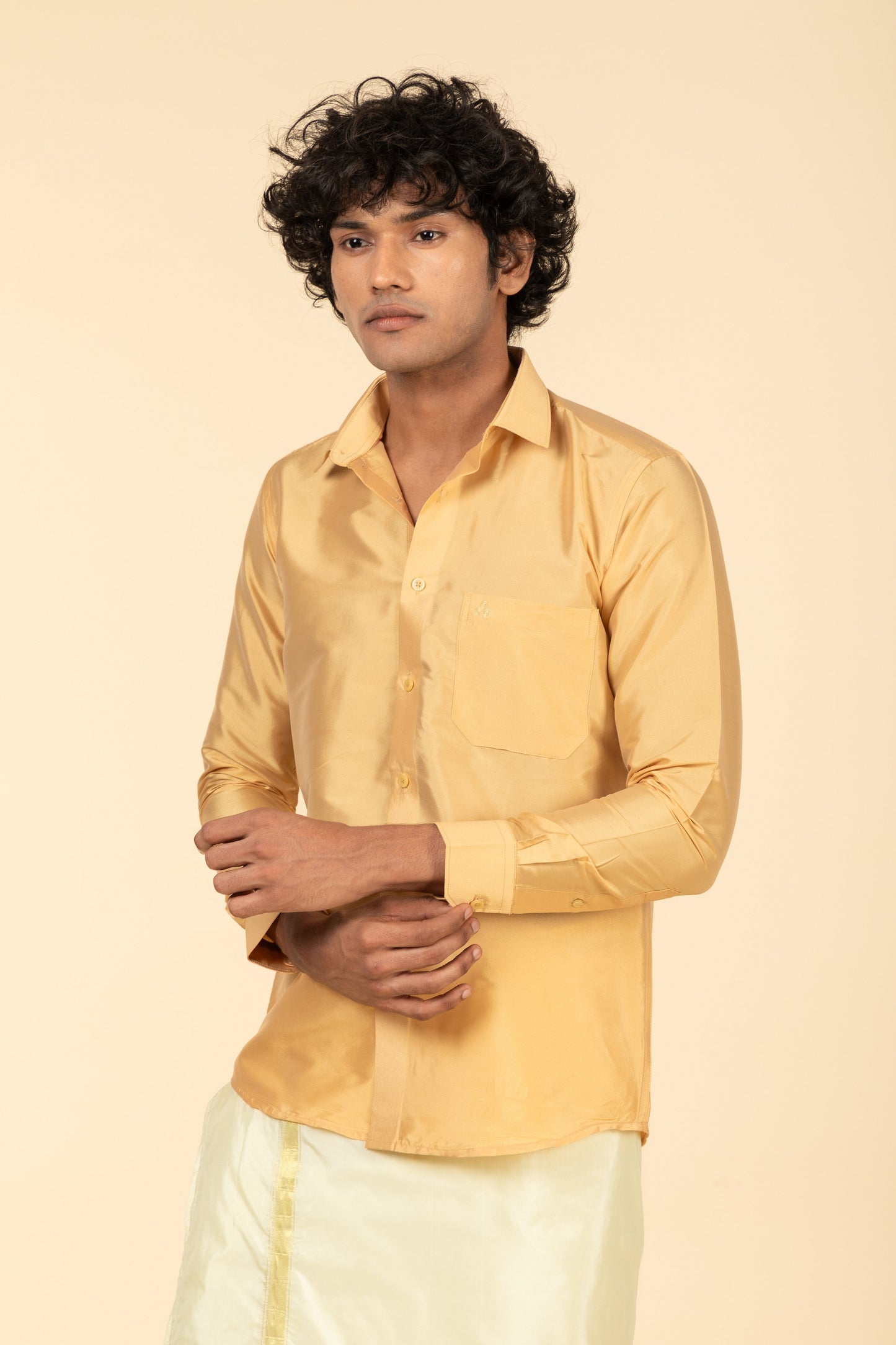 Gold-Toned Polyester Slim Fit Shirt