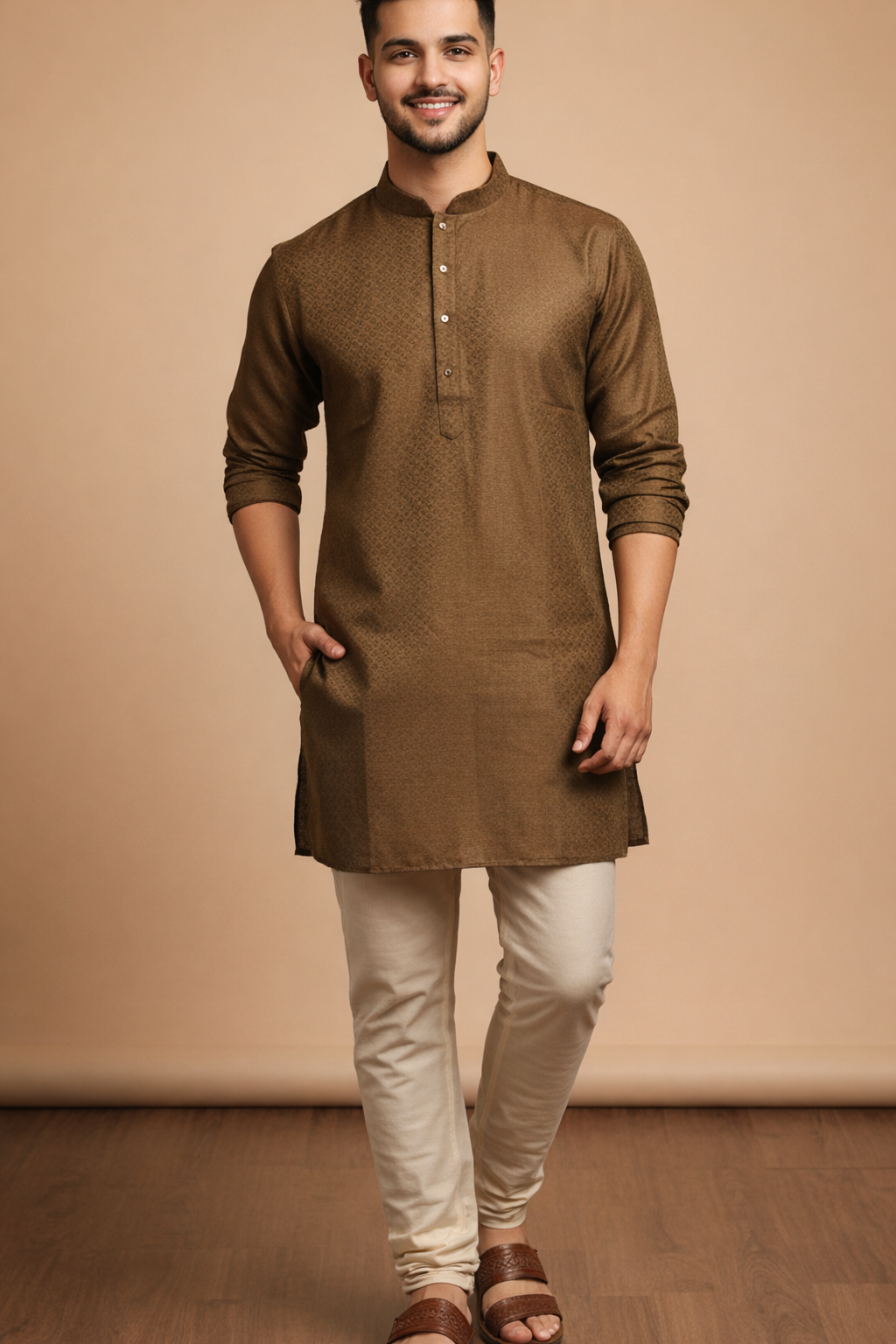 Tattva Men Olive Green Woven Design Straight Kurta