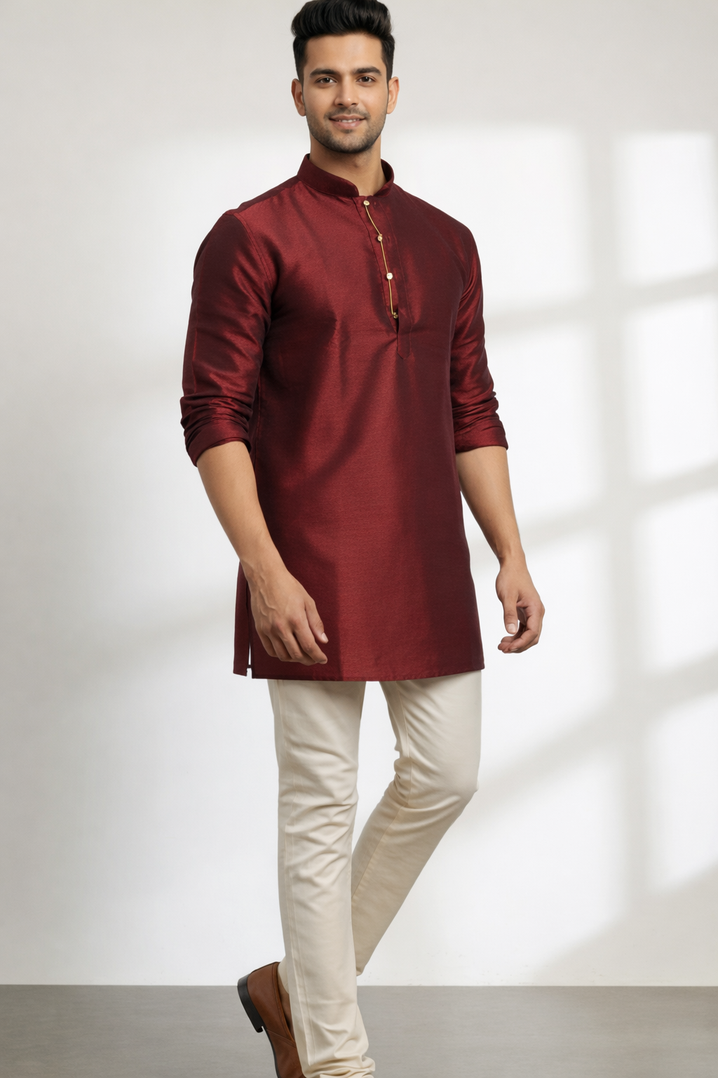 Tattva Men Burgundy Woven Design Short Straight Kurta