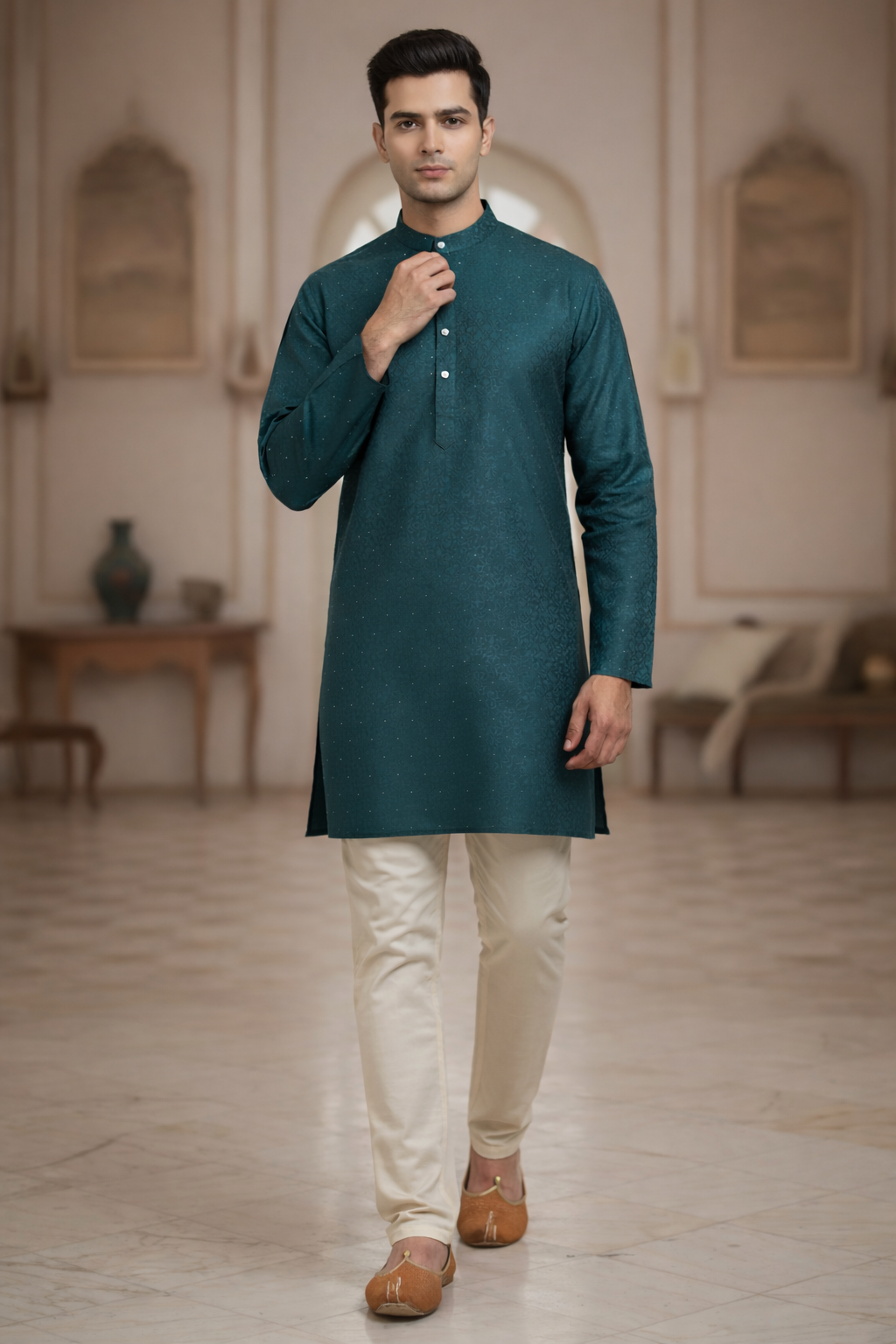 Tattva Men Ethnic Motifs Printed Mandarin Collar Straight Sequinned Kurta