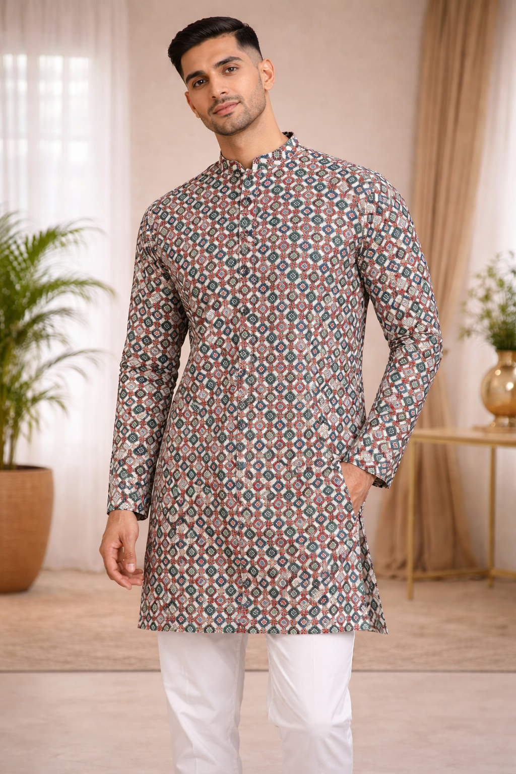 Tattva Men Floral Printed Mandarin Collar Cotton Straight Kurta