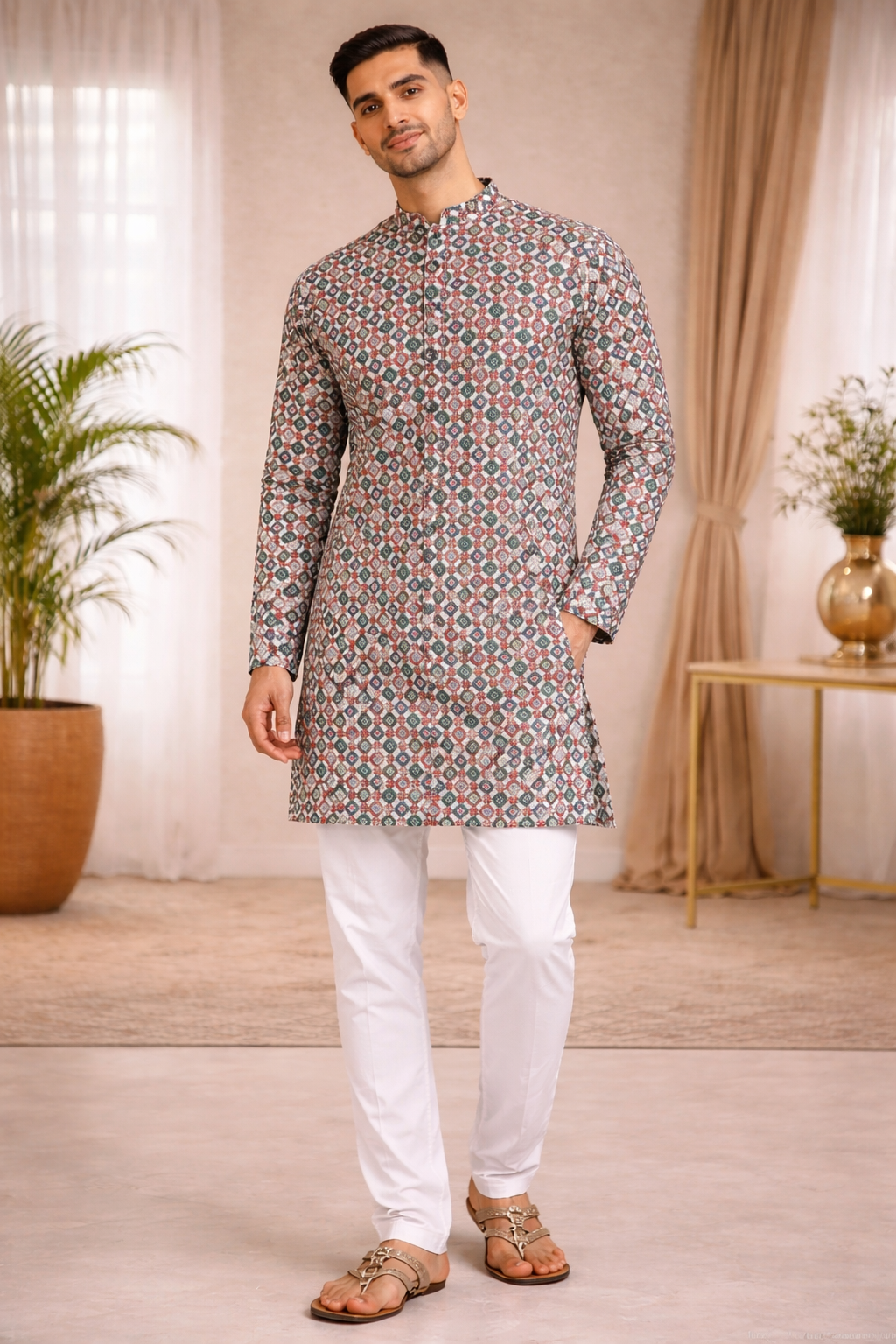 Tattva Men Floral Printed Mandarin Collar Cotton Straight Kurta