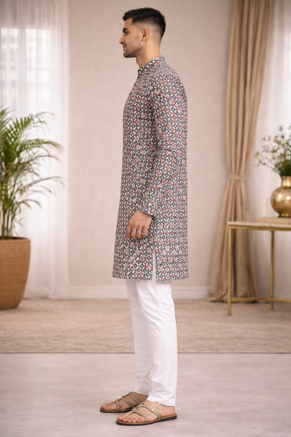 Tattva Men Floral Printed Mandarin Collar Cotton Straight Kurta