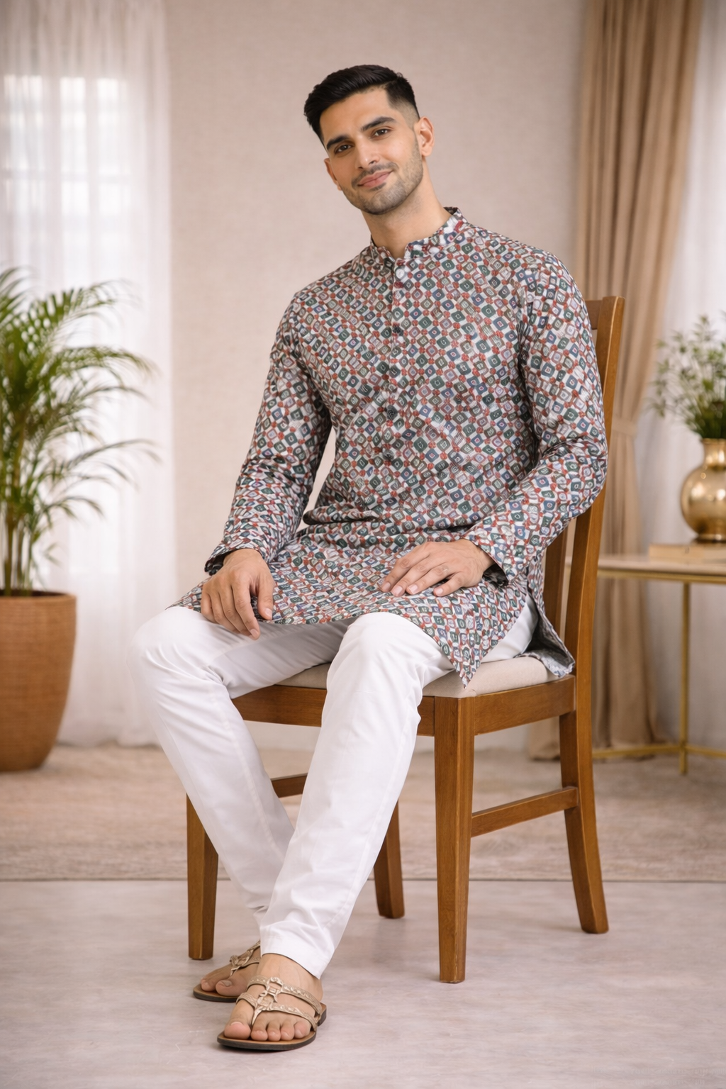 Tattva Men Floral Printed Mandarin Collar Cotton Straight Kurta