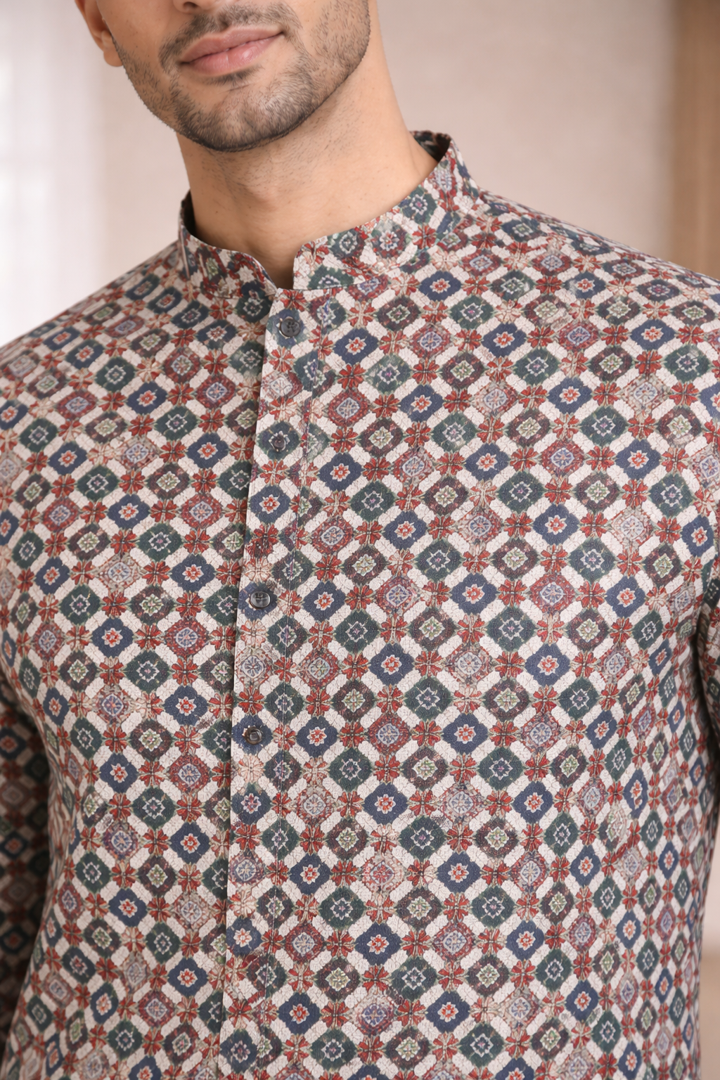Tattva Men Floral Printed Mandarin Collar Cotton Straight Kurta