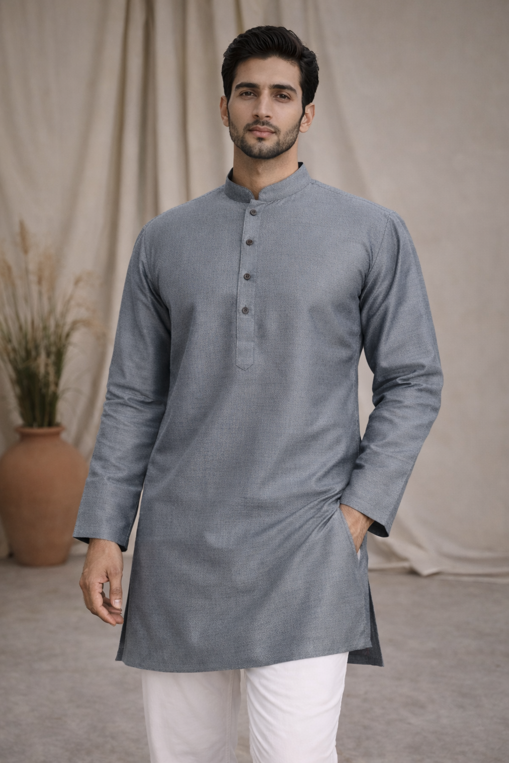 Tattva Men Silver-Toned Applique Mandarin Collar Kurta